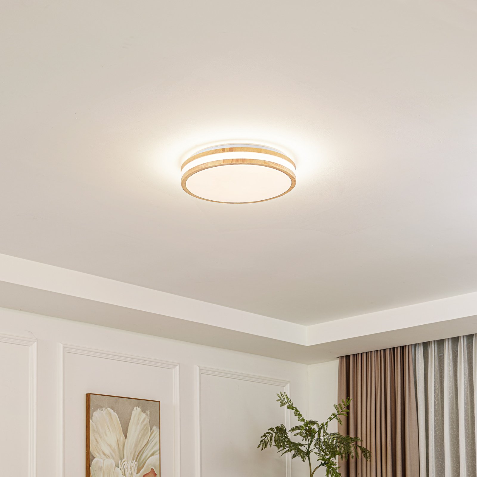 Lindby LED ceiling lamp Emiva, Ø 39.5 cm, CCT, wood