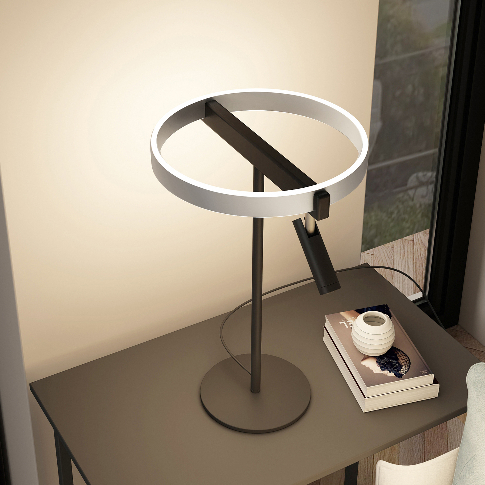 Lucande Matwei lámpara de mesa LED, anillo, níquel