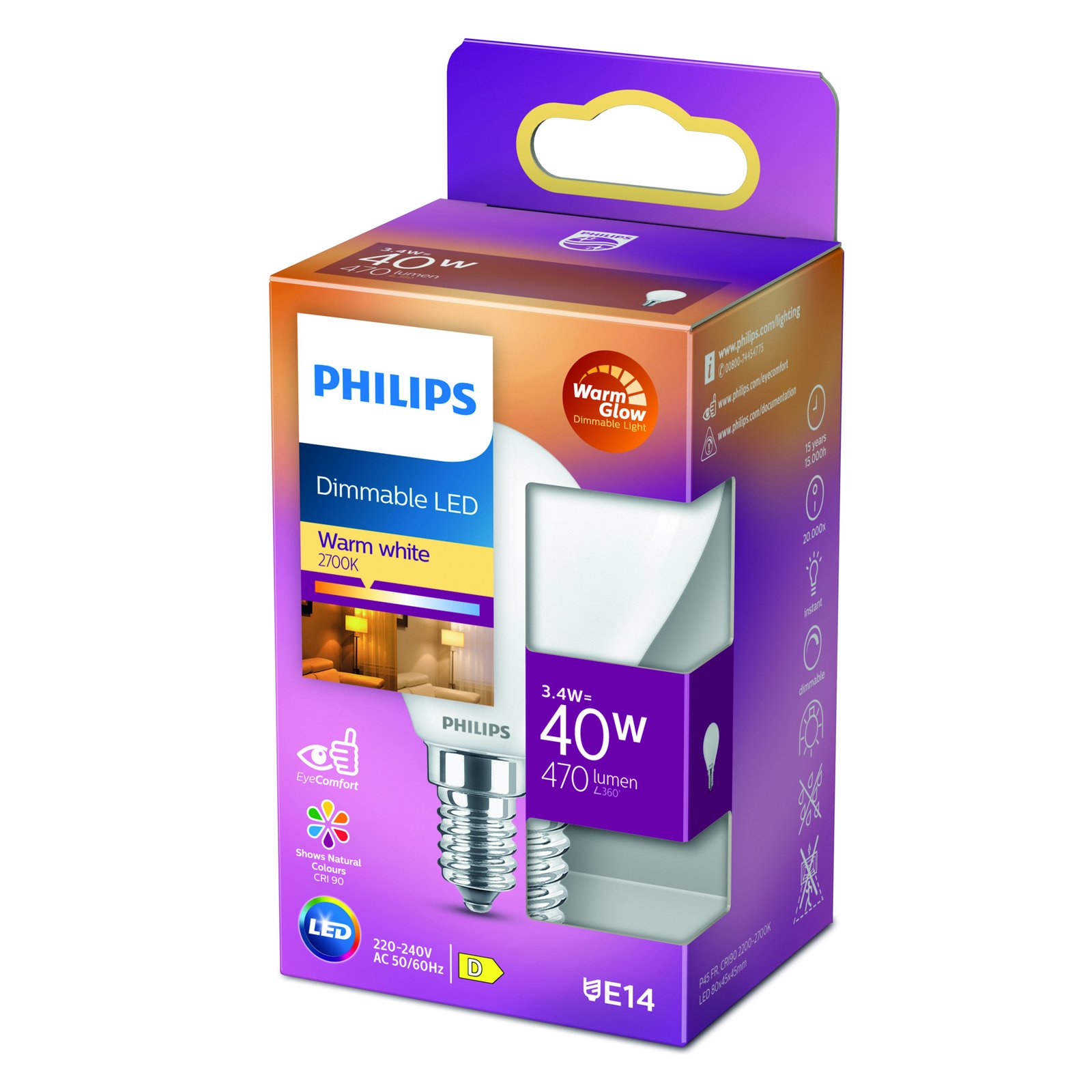 "Philips LED Classic WarmGlow" E14 P45 3,4 W matinis
