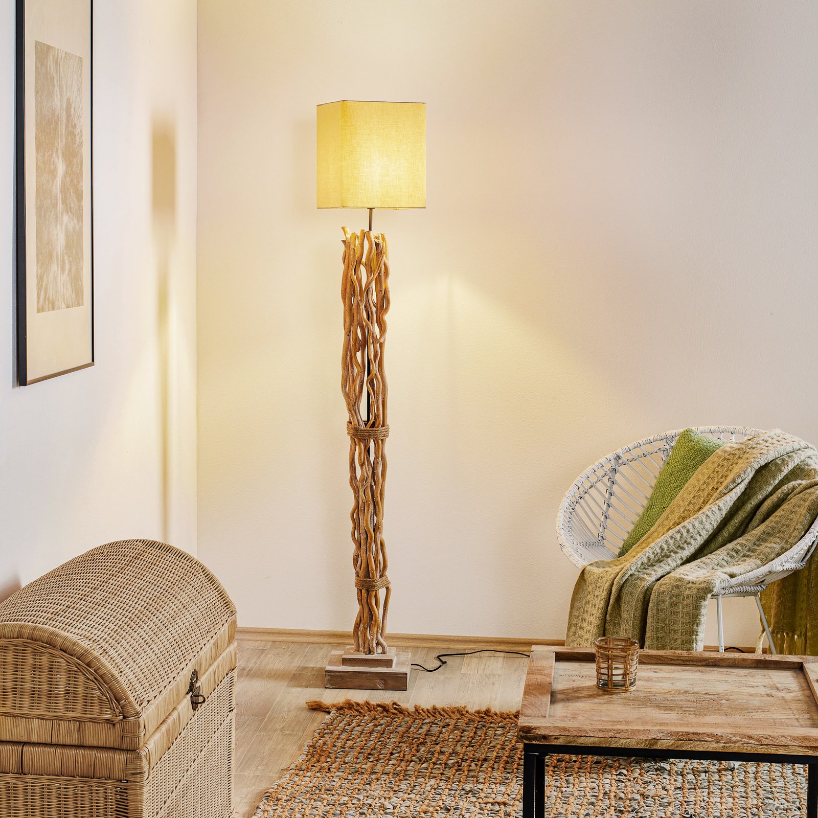 Marica floor lamp, fabric lampshade, wood element