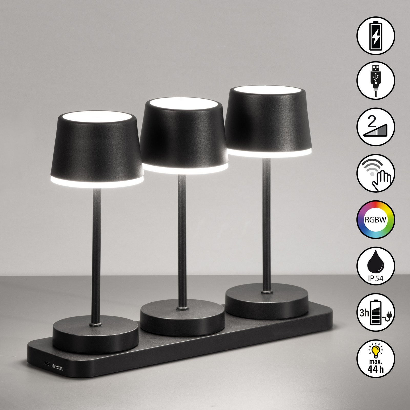 LED-Akku-Tischleuchte Gardo 3er-Set, Ladestation, schwarz