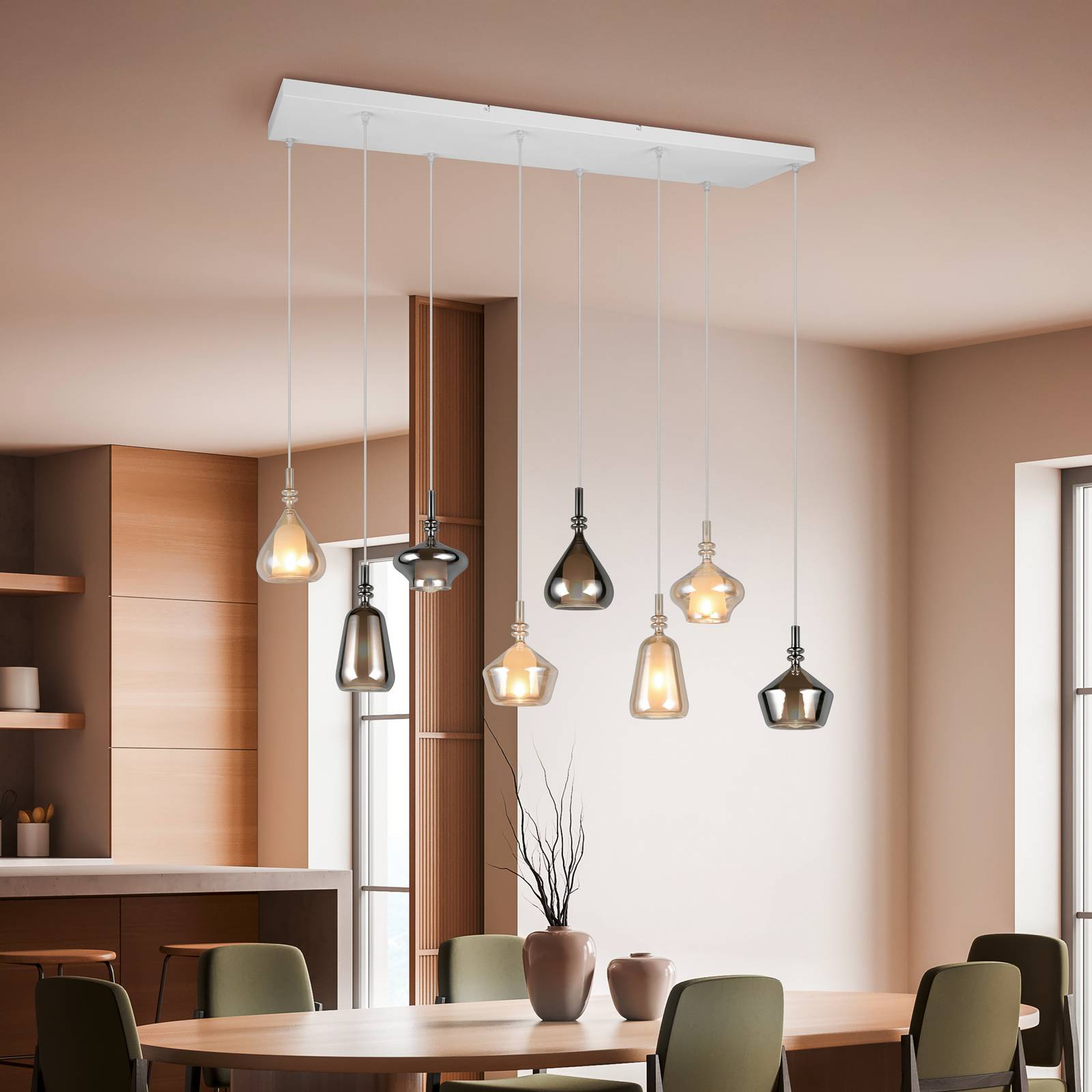 Hängelampe Aldea, Länge 115 cm weiß/amber/chrom Glas, 8-flg. günstig online kaufen