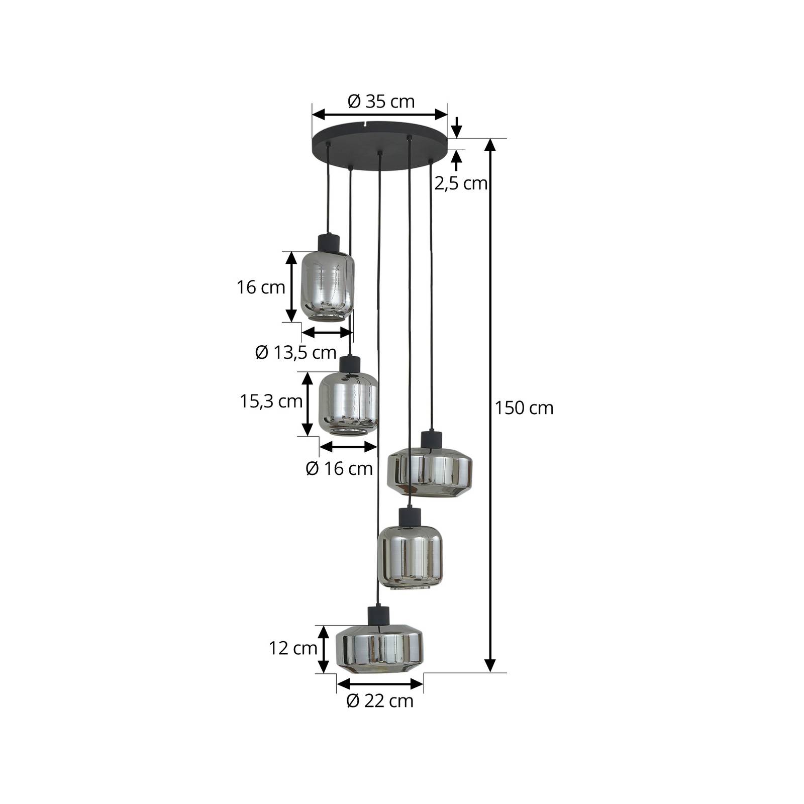 Lampa wisząca Lindby Hildur, Ø 35 cm, dymny szary, szkło, E27