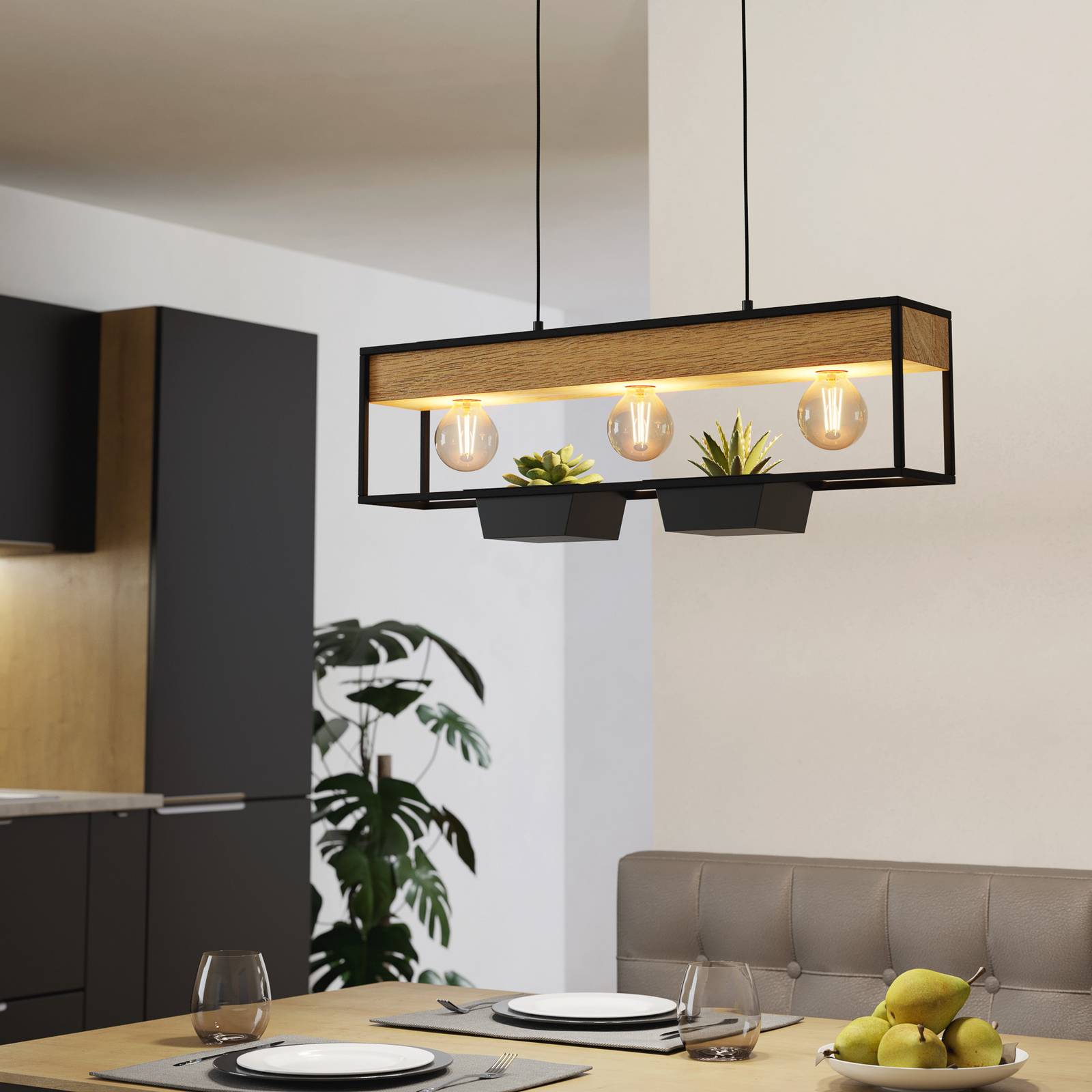 Hängelampe Libertad 1, Länge 76 cm, schwarz/holz, 3-flg. günstig online kaufen