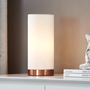 Biela stolná lampa Ronja podstavec medenej farby