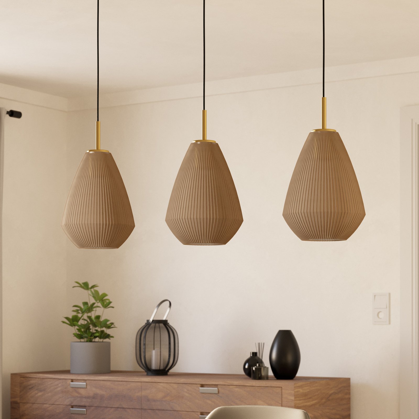 Lampa wisząca Caprarola, długość 90 cm, kolor piaskowy, 3-punktowa, szkło