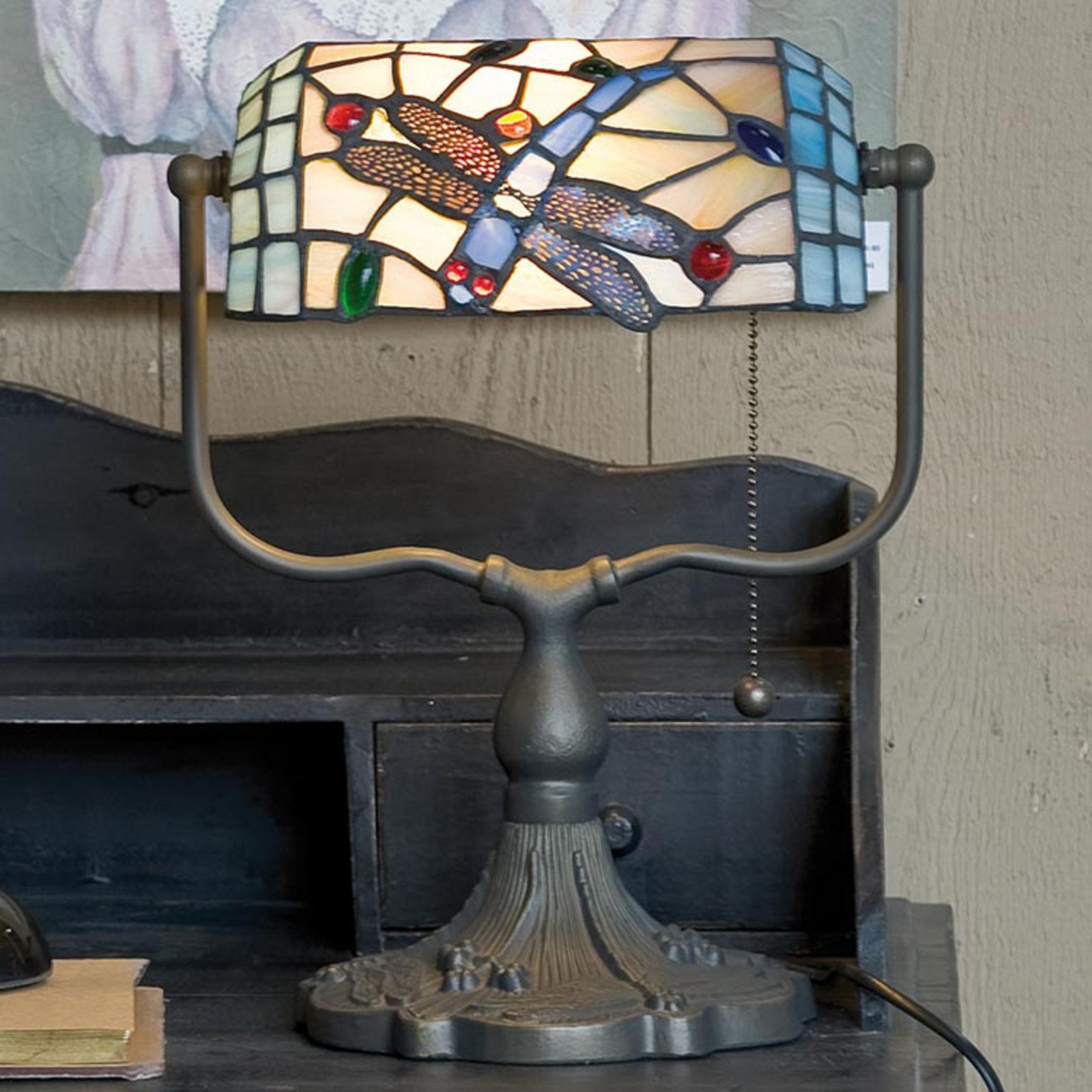 Clayre&Eef Lampă bancher Dragonfly stil Tiffany - Studiu / Birou - multicolor maro închis - Sticlă