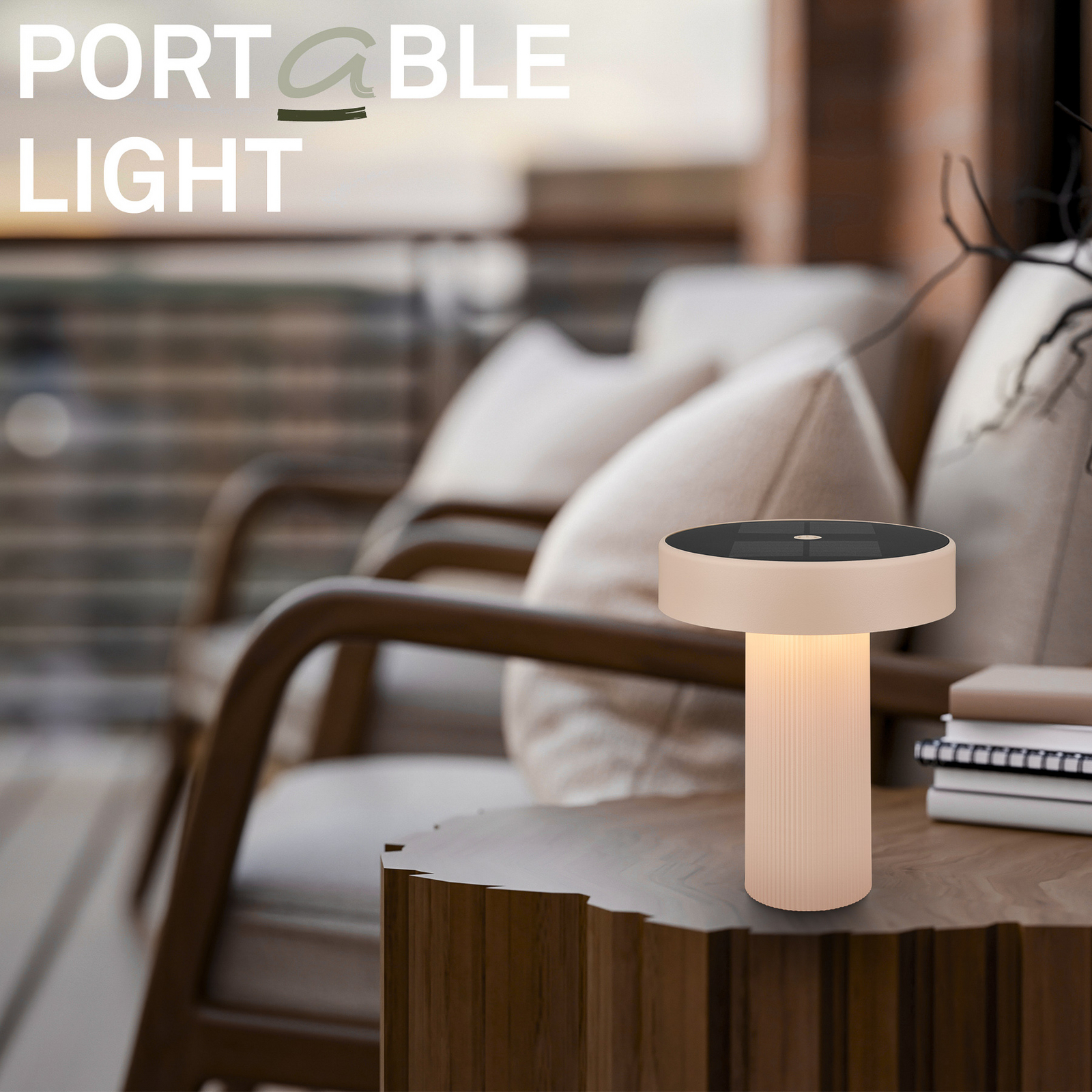 Lámpara de mesa LED solar recargable Poga, beige, plástico, IP44