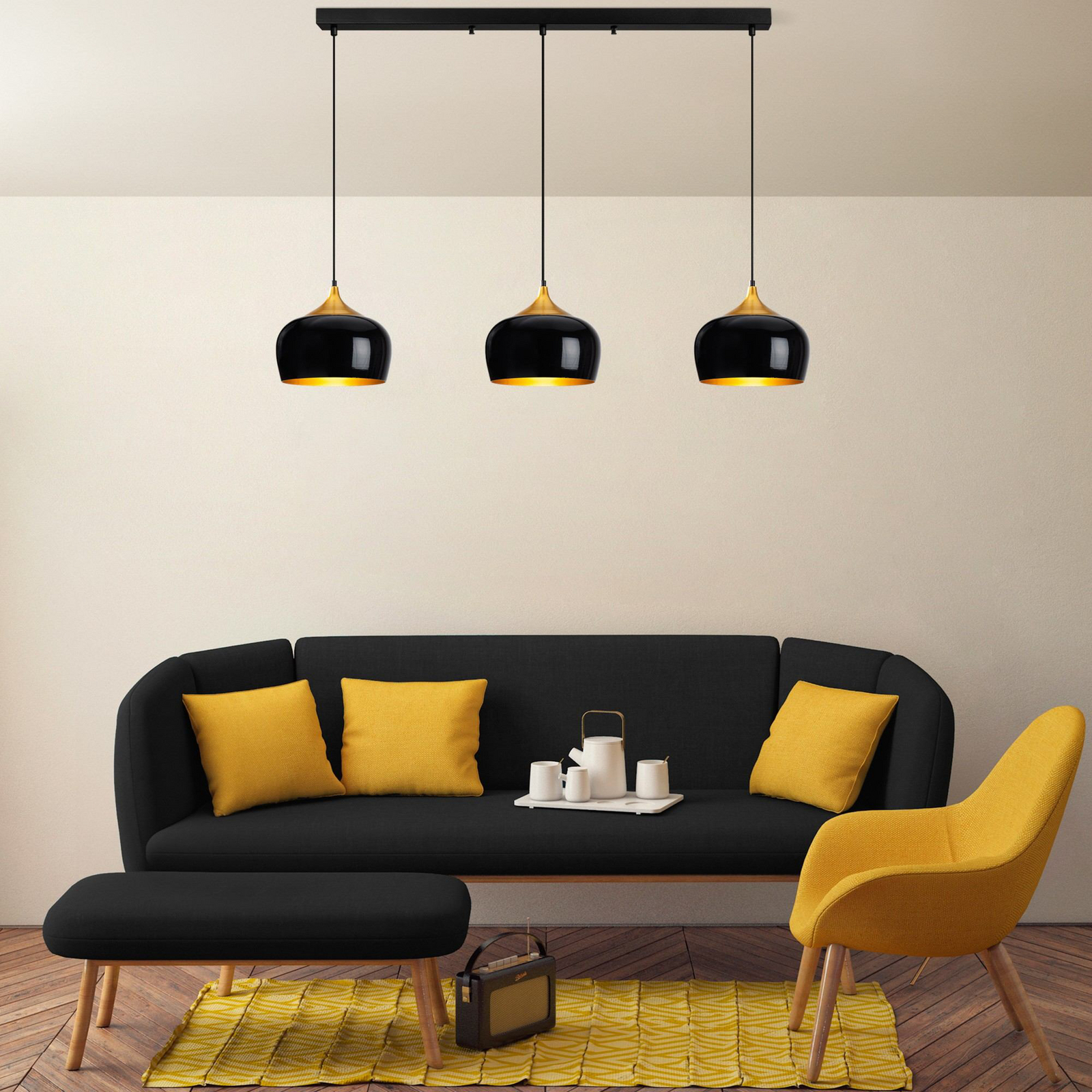 Berceste pendant light, black, 3-bulb, length 140 cm