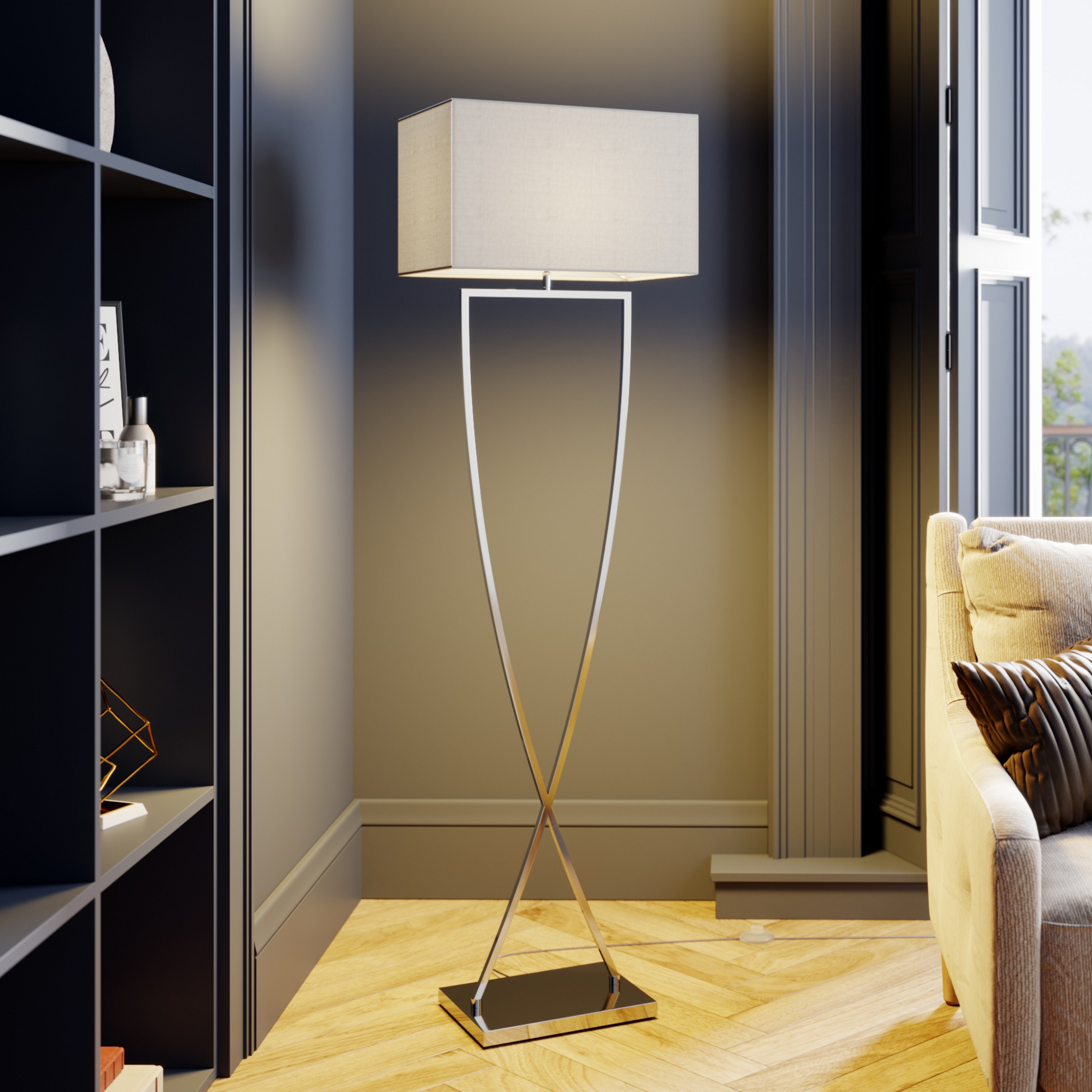Stojacia lampa Lucande Evaine, chróm/biela, kov, 157 cm, E27