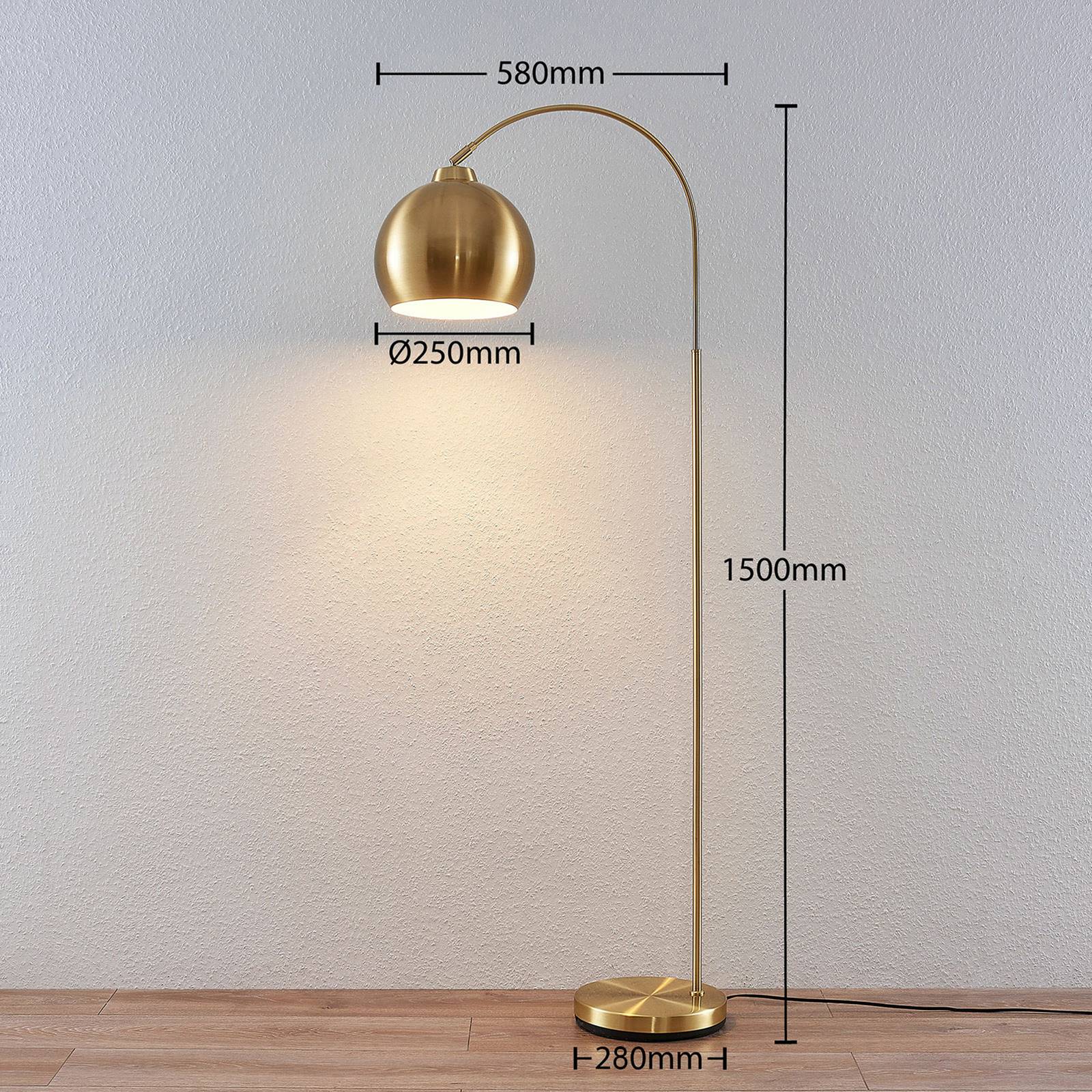 Łukowa lampa podłogowa Lindby Moisia, kolor mosiądz, metal, 148 cm