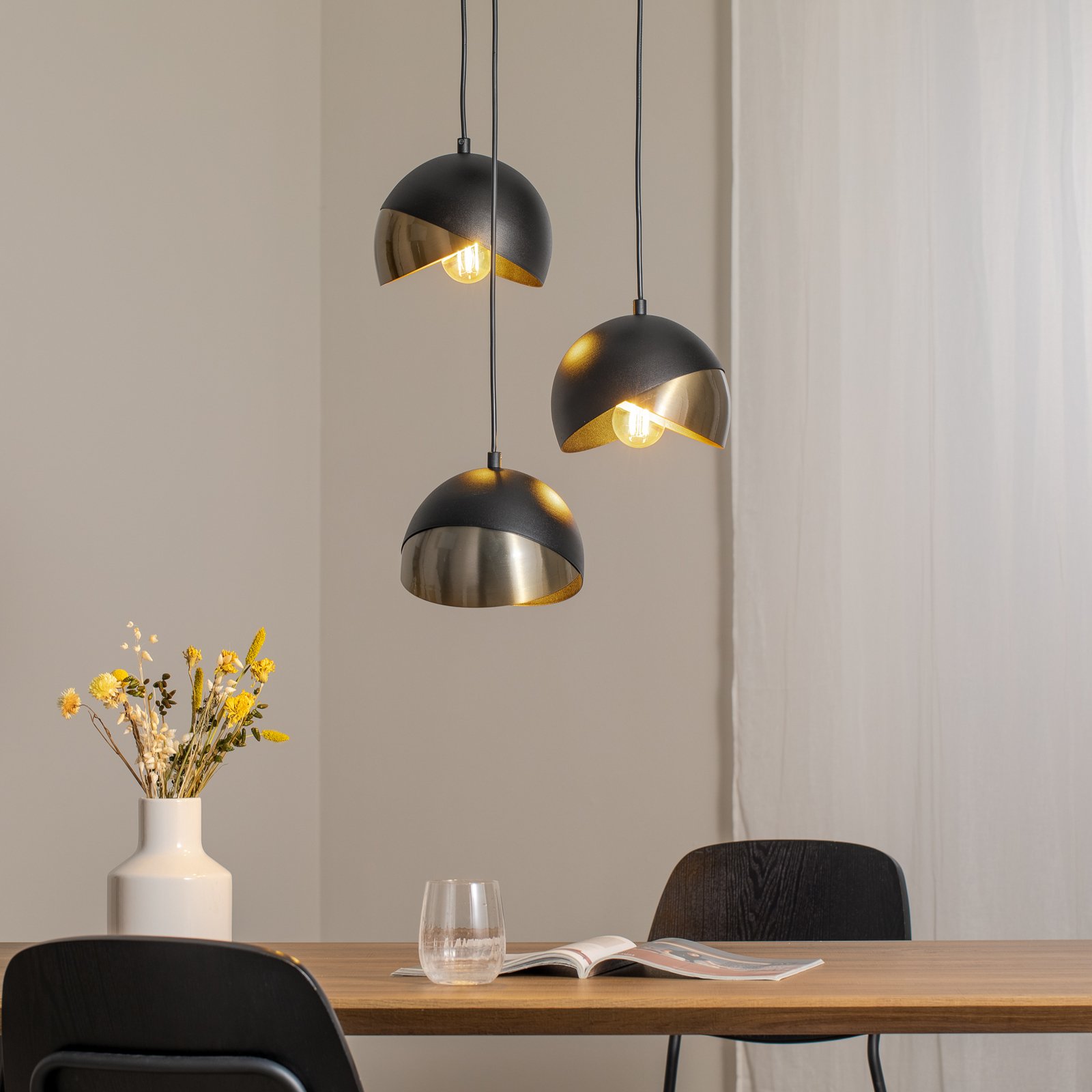 Berceste 252-S2 pendant light, black/gold metal, 3-bulb, round
