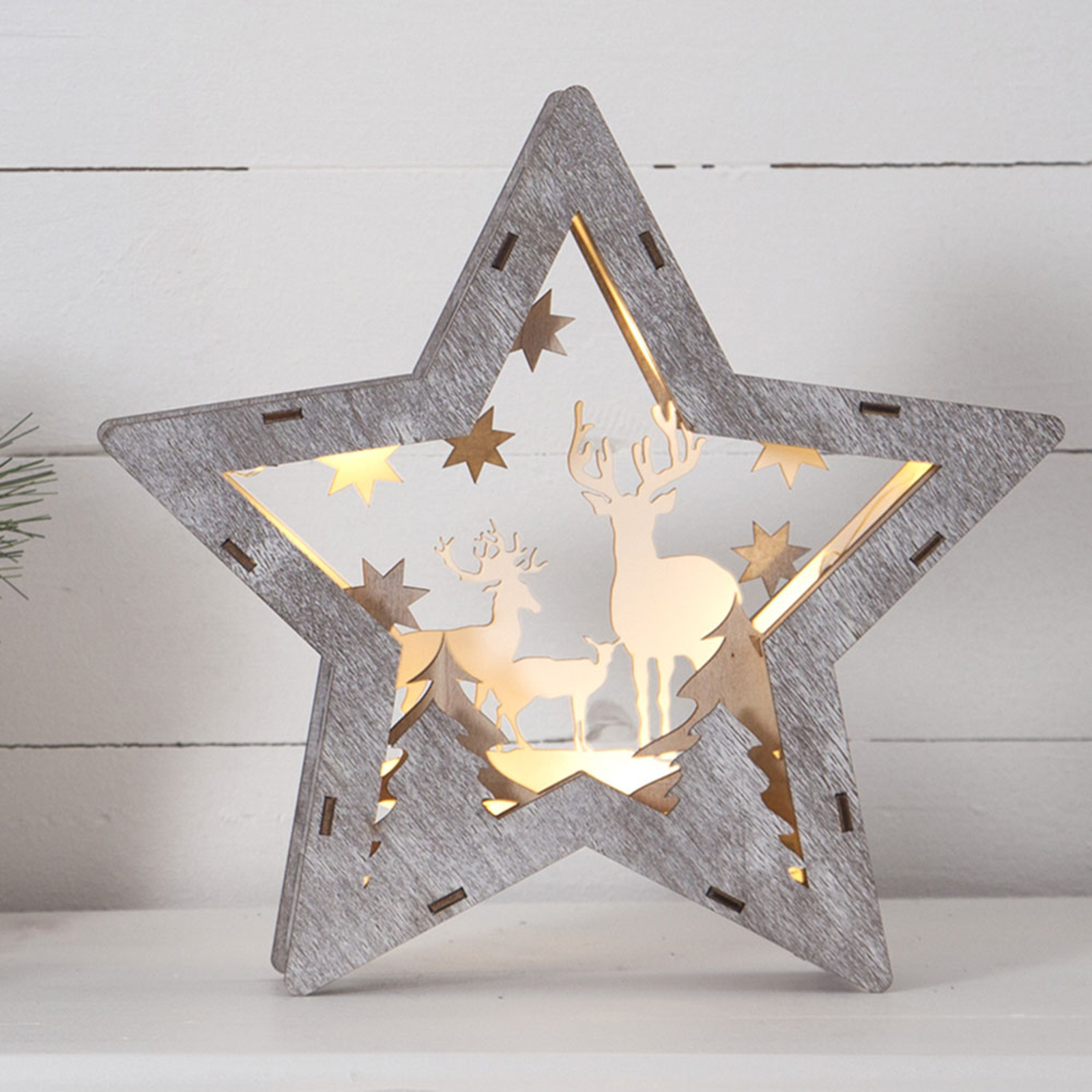 Estrella decorativa LED Fauna de madera, con pilas