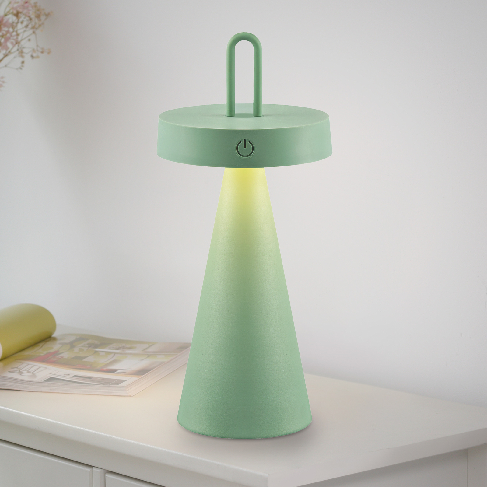 JUST LIGHT. Lámpara de mesa LED recargable Alwa, verde, hierro, IP44