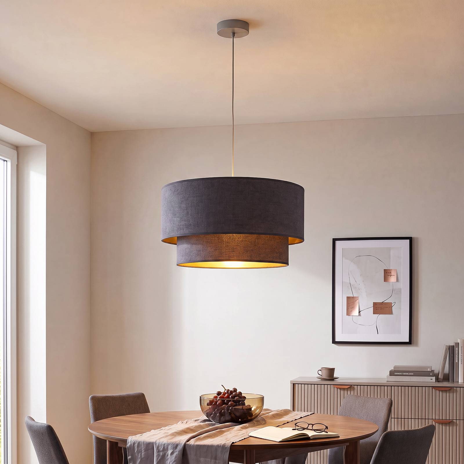 Lampa wisząca Boho, szaro-złota, Ø 45 cm, tkanina, E27