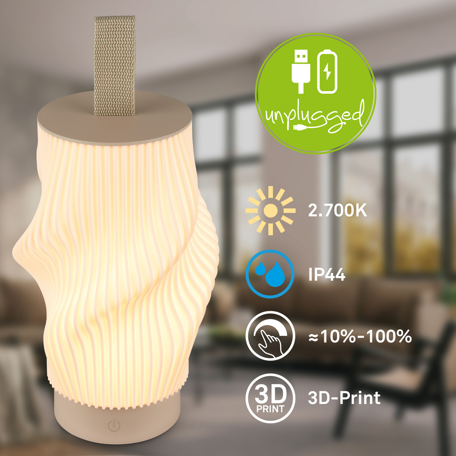 „Brilo unplugged Tubi“ LED baterinė stalo lempa, smėlio spalvos/balta, IP44 „Brilo unplugged Tubi“ LED baterinė stalo lempa, smėlio spalvos/balta, IP44