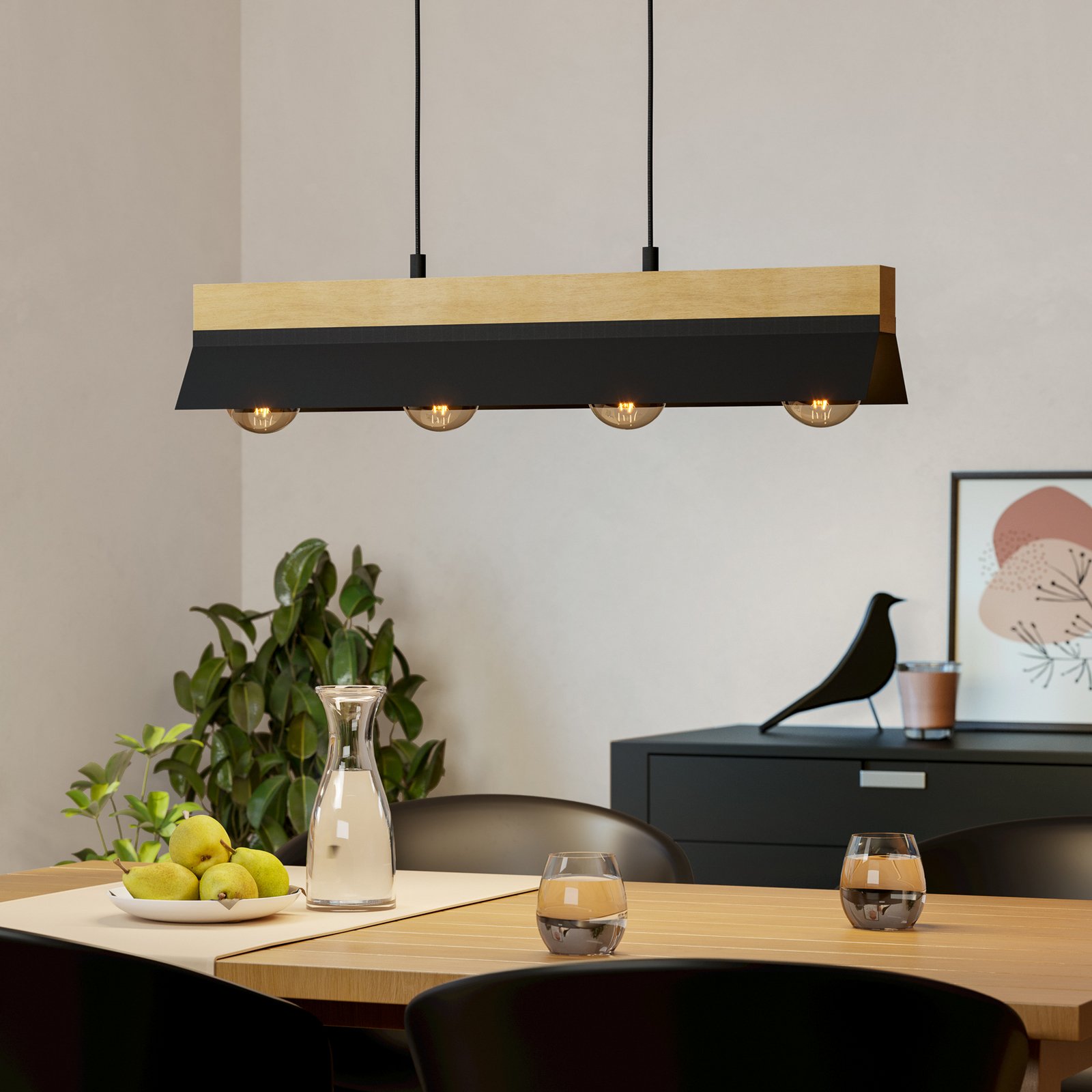 Tarrafo viseća lampa crna, prirodno drvo, 4 svjetla