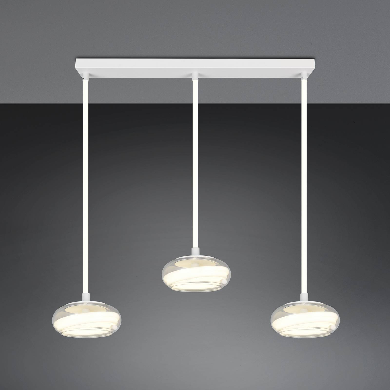 Trio Lighting Suspension LED Tarsia, blanc mat, longueur 91 cm, verre, à 3 lampes.