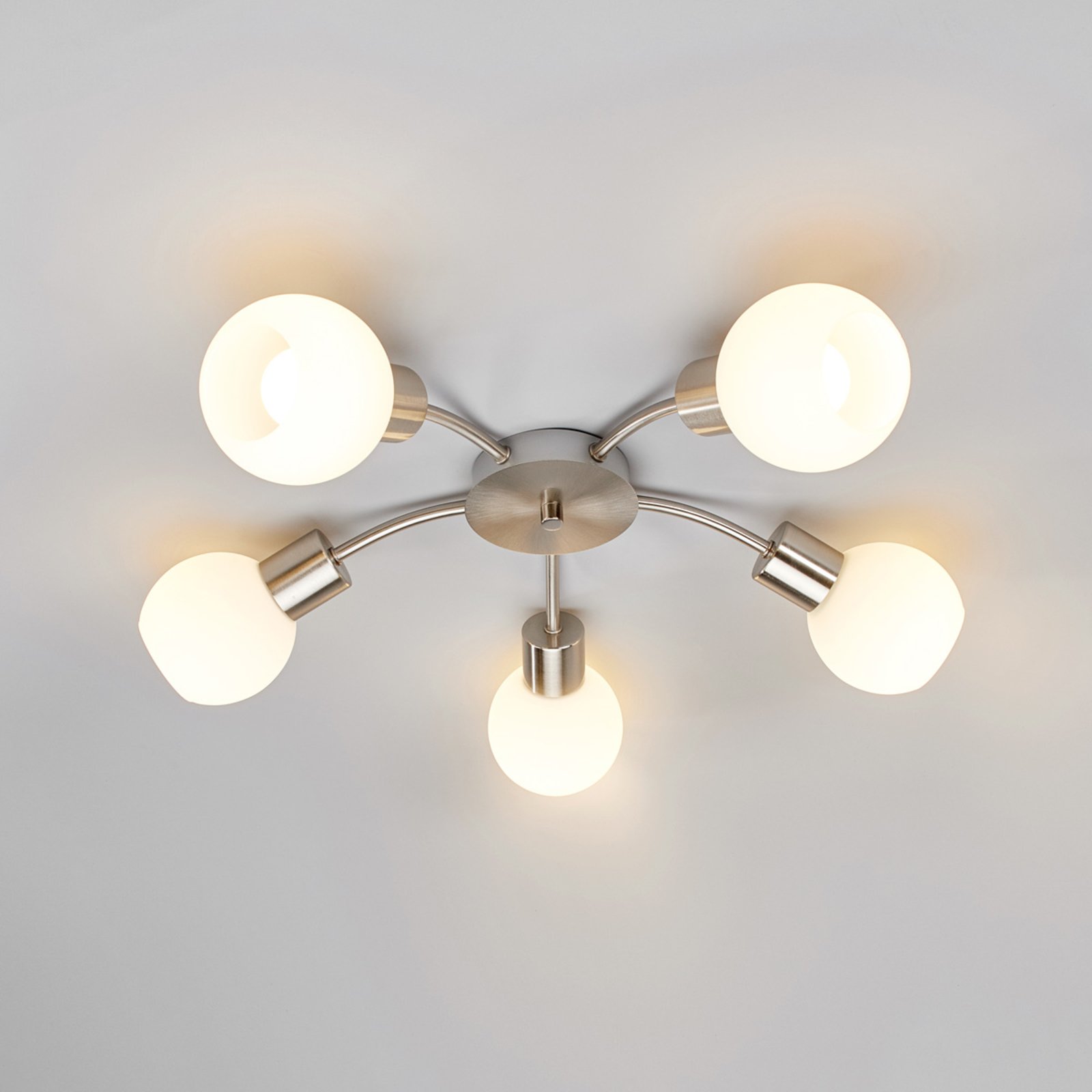 Lindby Round 5-bulb LED ceiling light Elaina, matt nickel, for Living / Dining Room, metal, glass, E14, 4 W, energy efficiency: A+, H: 16 cm