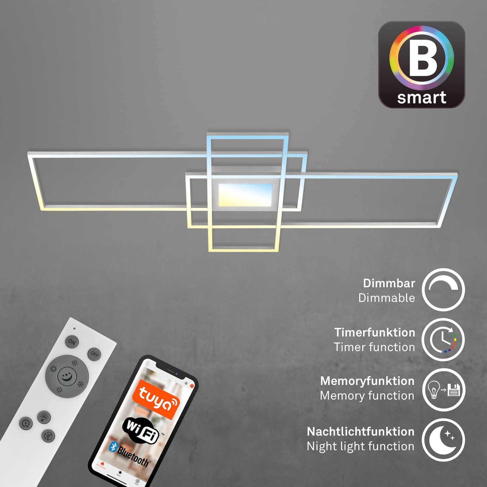 Smarte LED-Deckenleuchte Ram, alufarben, CCT, Fernbedienung