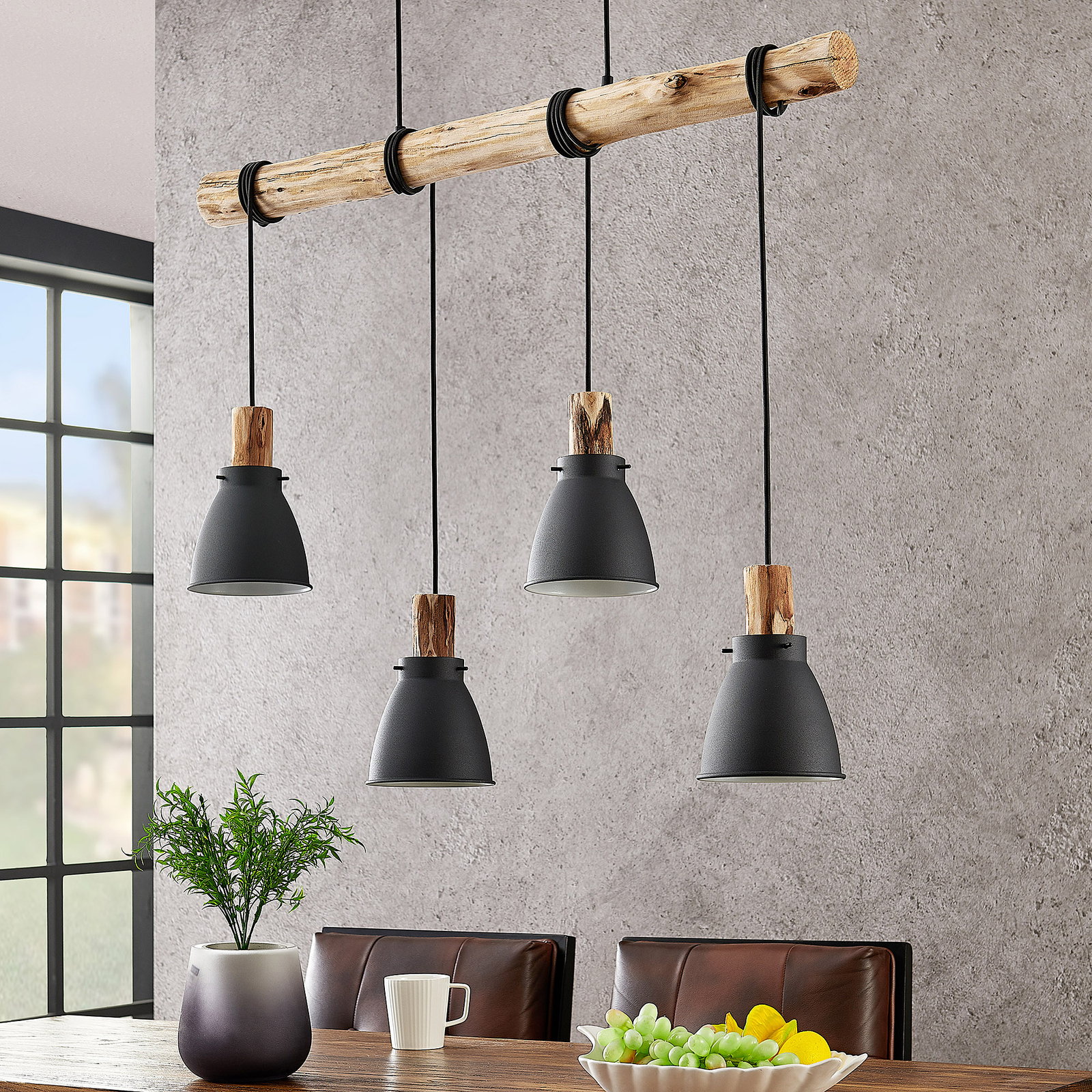 Lámpara colgante Lindby Trebale, 4 luces, E14, hierro, madera