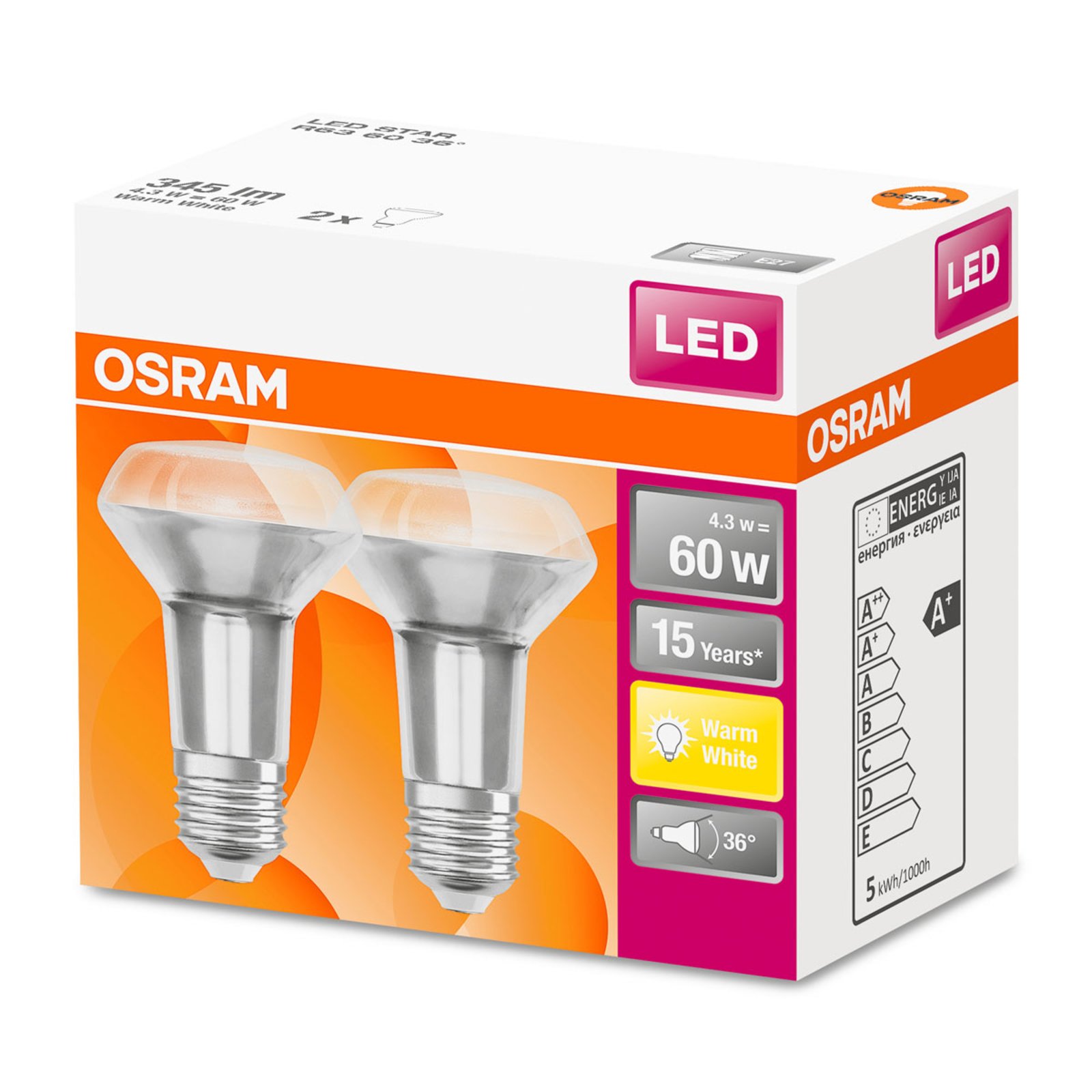 Arbeid Rijke man segment OSRAM LED reflector E27 R63 4,3W 2.700K 36° per 2 | Lampen24.nl