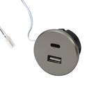 USB-A wandcontactdoos + USB-C, staal, meubelinbouw, 24V ingang 20W