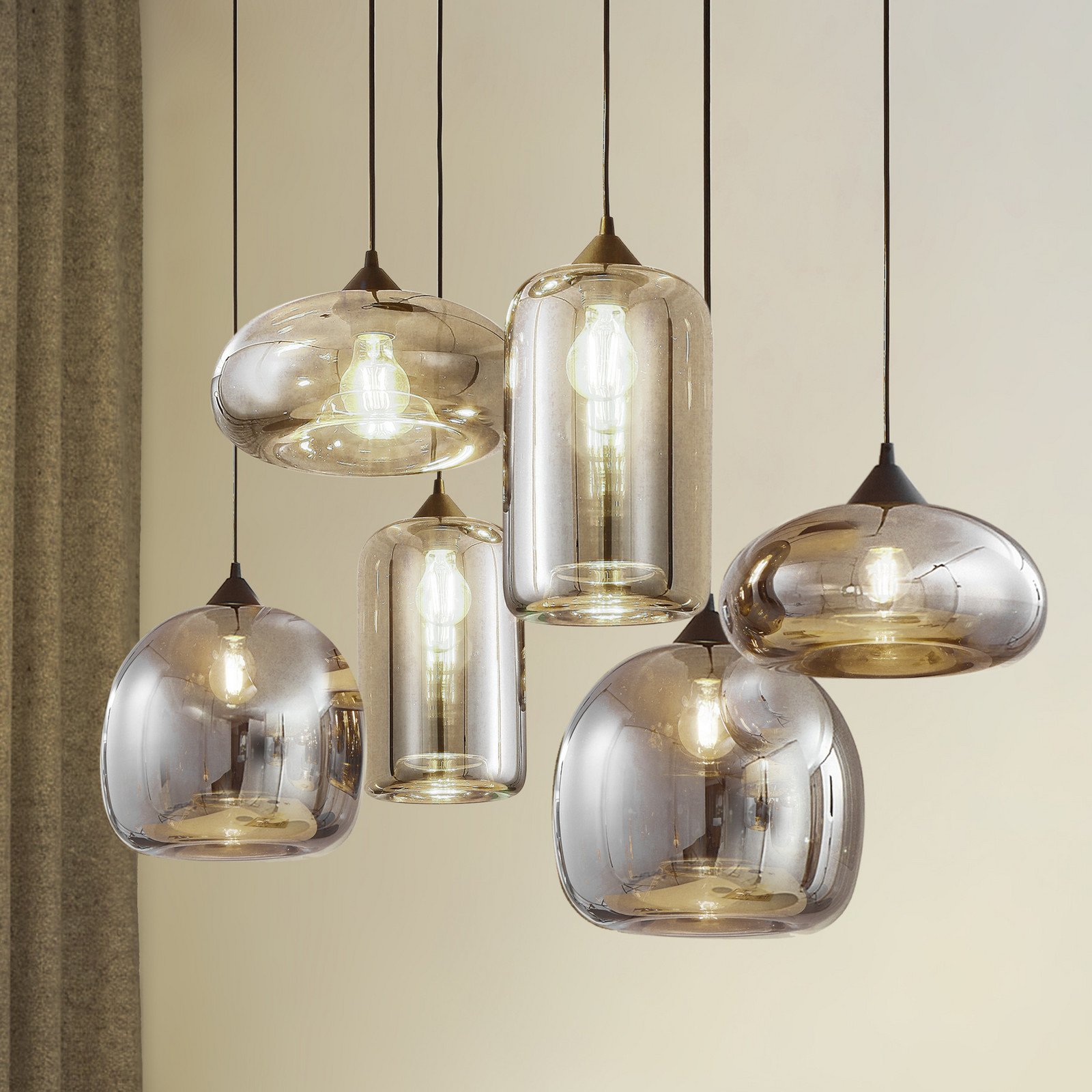 Lampă suspendată Lindby Marla 6 becuri sticlă gri fumuriu 108cm - Camera de zi / sufragerie - modern - negru gri fumuriu