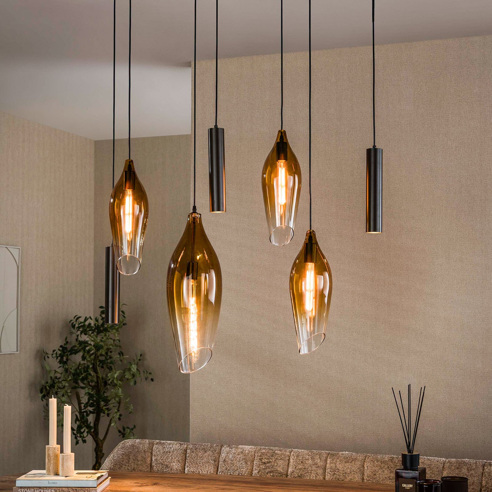 Pendelleuchte Cocoon, amber, Glas, 7-flg., E27, GU10
