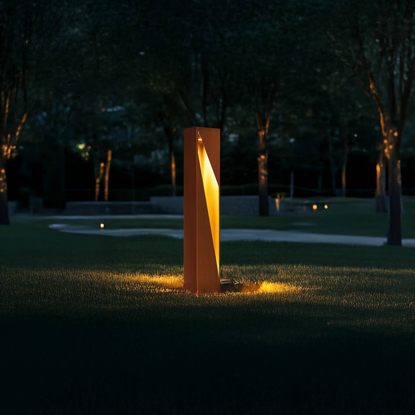 Lucande Słupek oświetleniowy LED CUT, 100 cm, metal, rdza/złoto, IP65