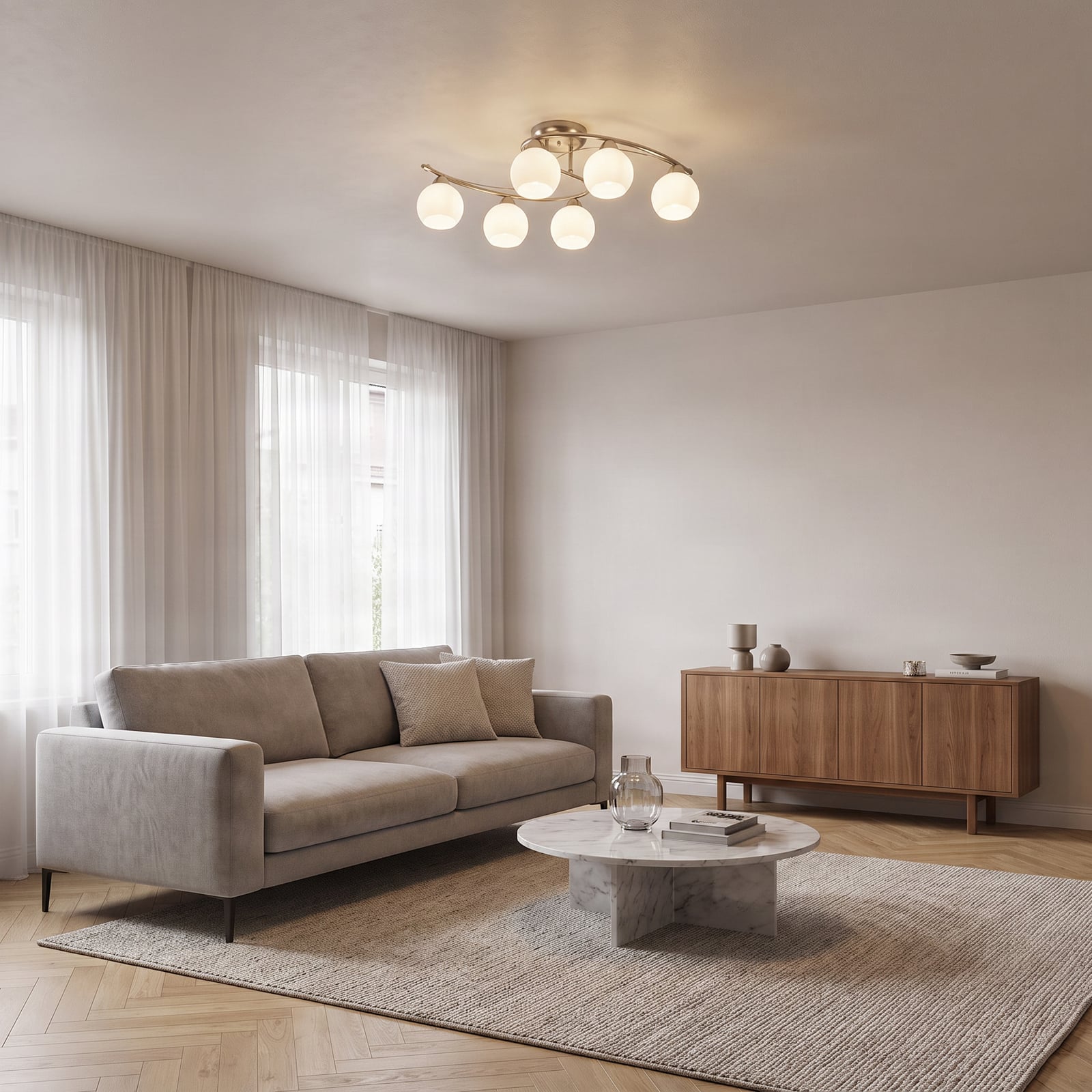 Lindby plafondlamp Svean, 6-lamps, wit, glas, lengte 75cm