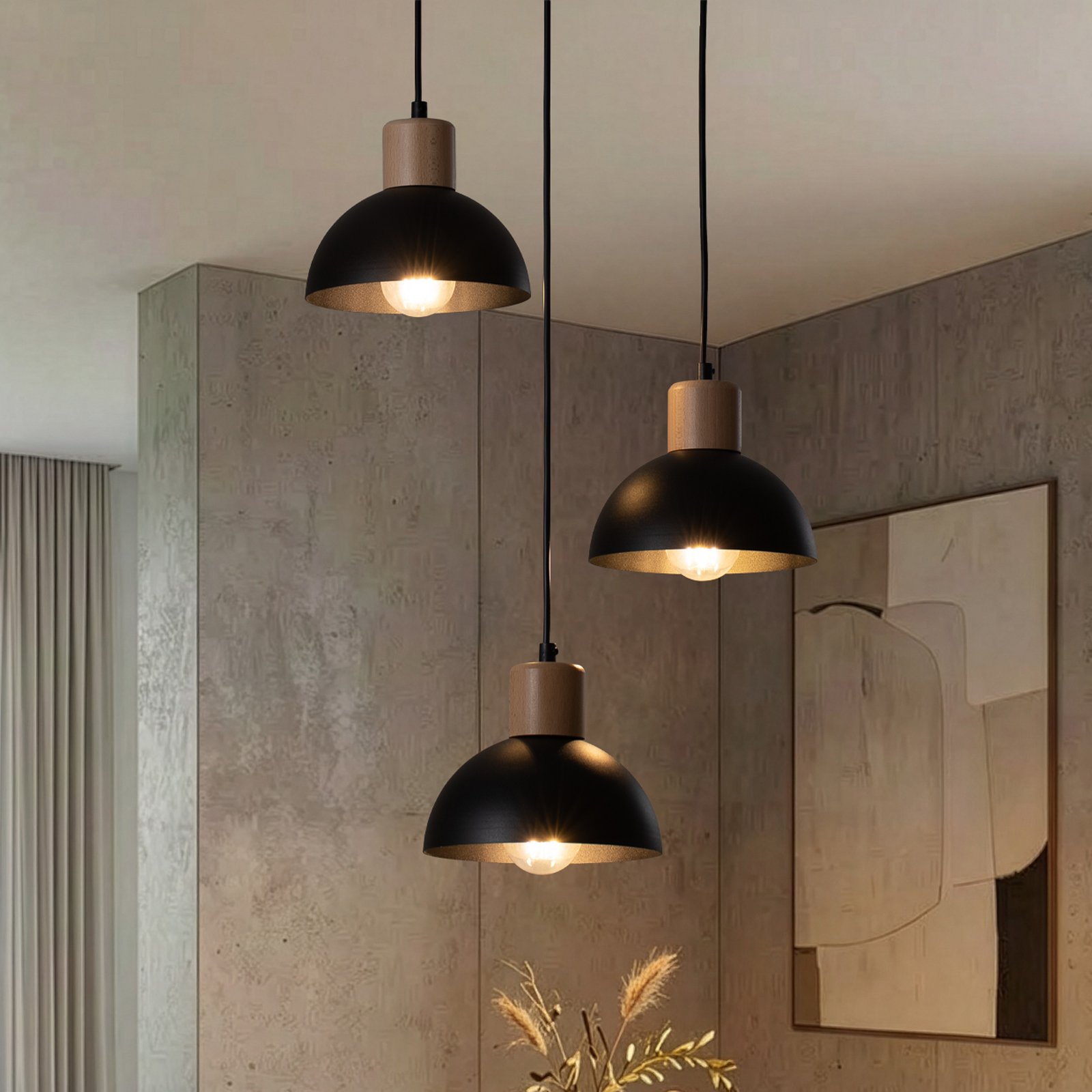 Lampa wisząca Seco, Ø 30 cm, czarna, metal/drewno, 3-punktowa.