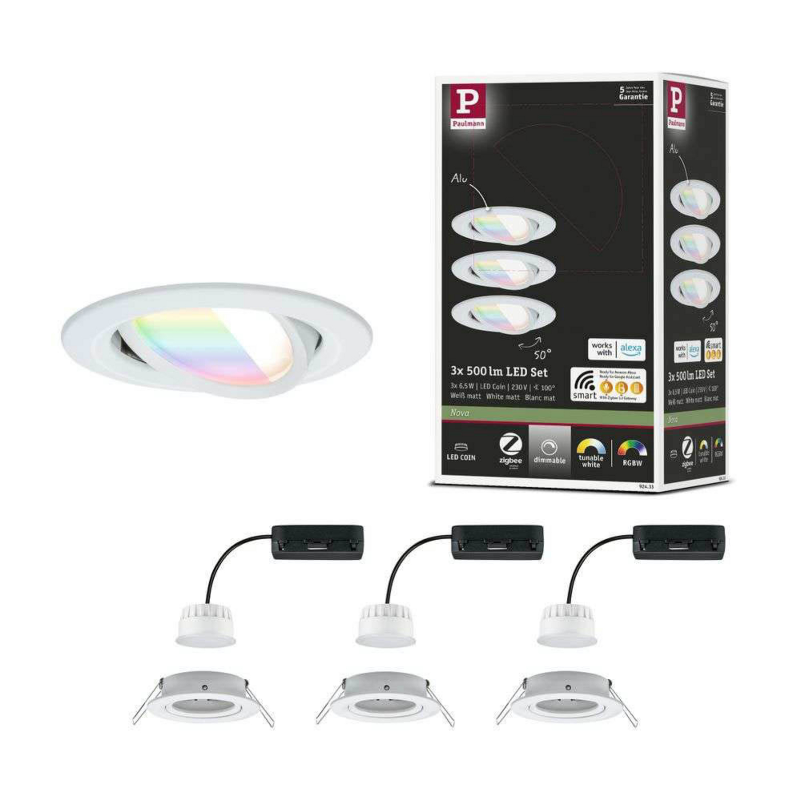 Paulmann LED inbouwspot Nova Coin Smart wit RGBW set van 3 stuks 8,4 cm
