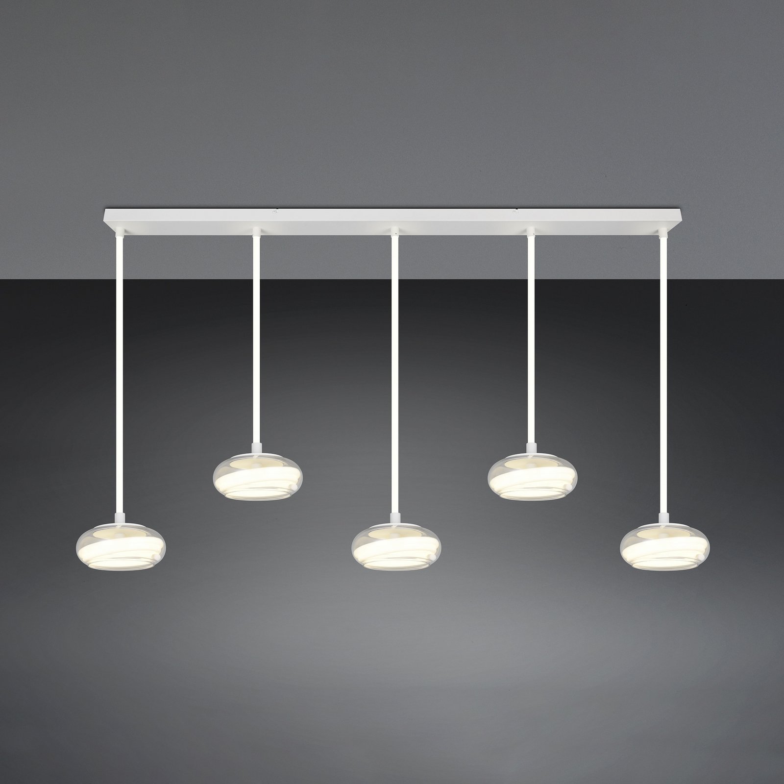 Lampada LED a sospensione Tarsia, bianco opaco, lunghezza 161 cm, vetro, a 5