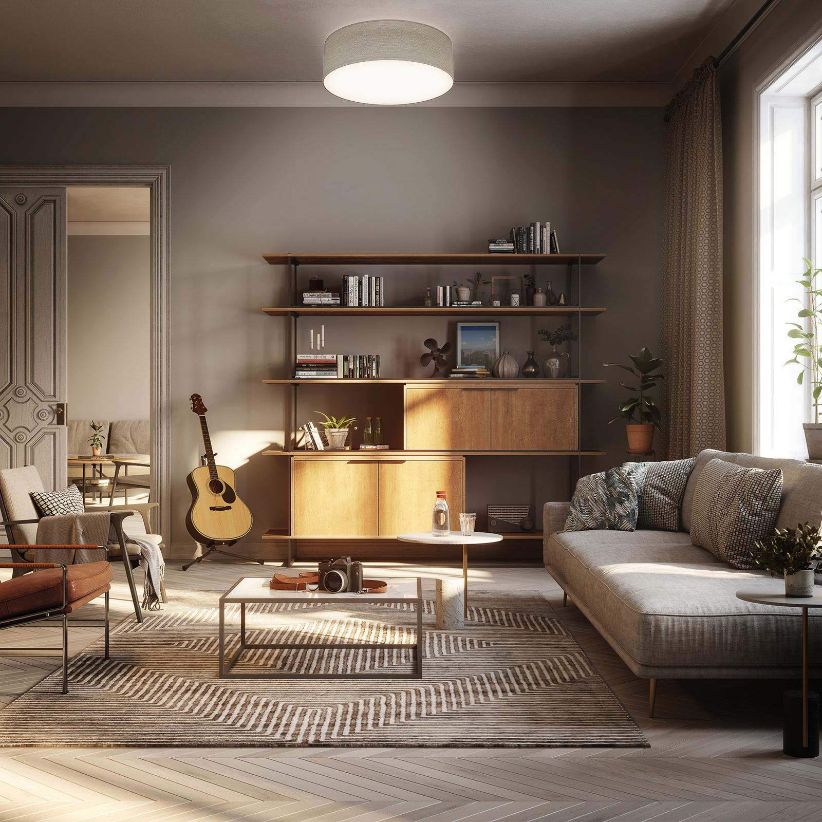 Plafondlamp Litora, taupe, Ø 30 cm, textiel, E27 Plafondlamp Litora, taupe, Ø 30 cm, textiel, E27