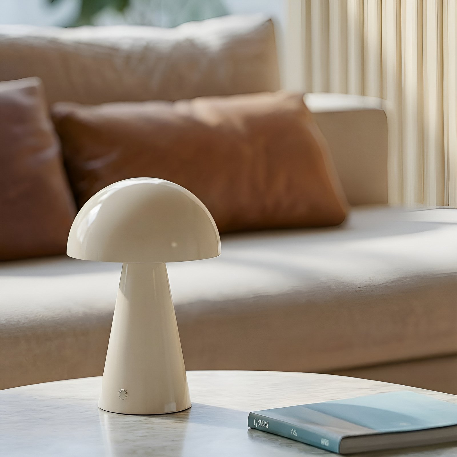 Lindby LED lampă de masă reîncărcabilă Nevijo, bej, Ø20cm, USB, dimabil