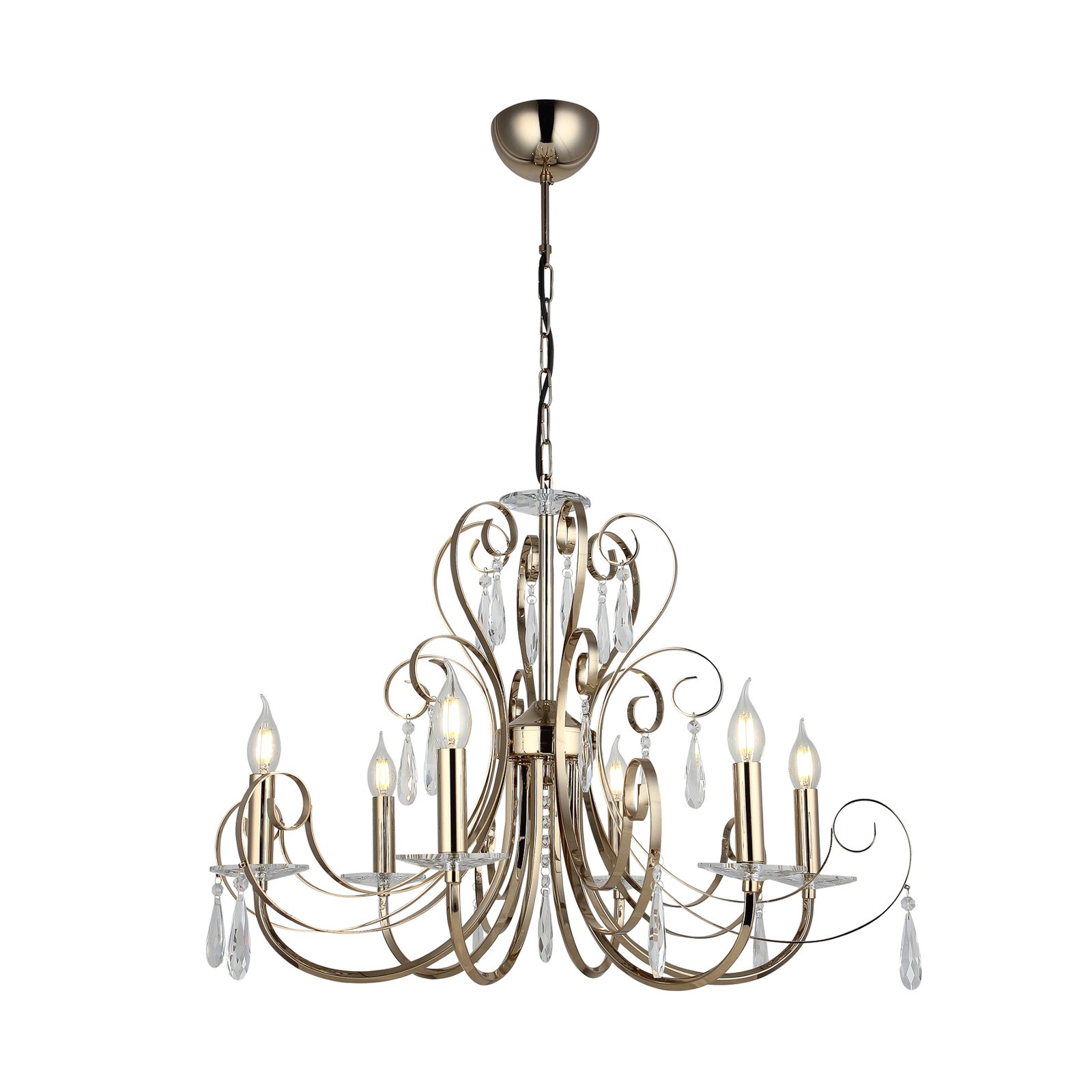 Elamo chandelier, gold-coloured elements, 6-bulb
