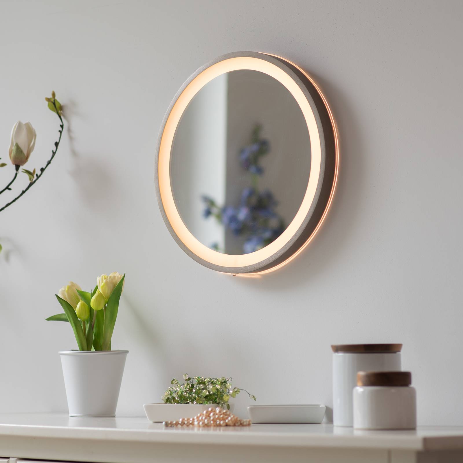 Lustro ścienne LED VIDRO, brązowe, Ø 36 cm, metal/szkło, przełącznik