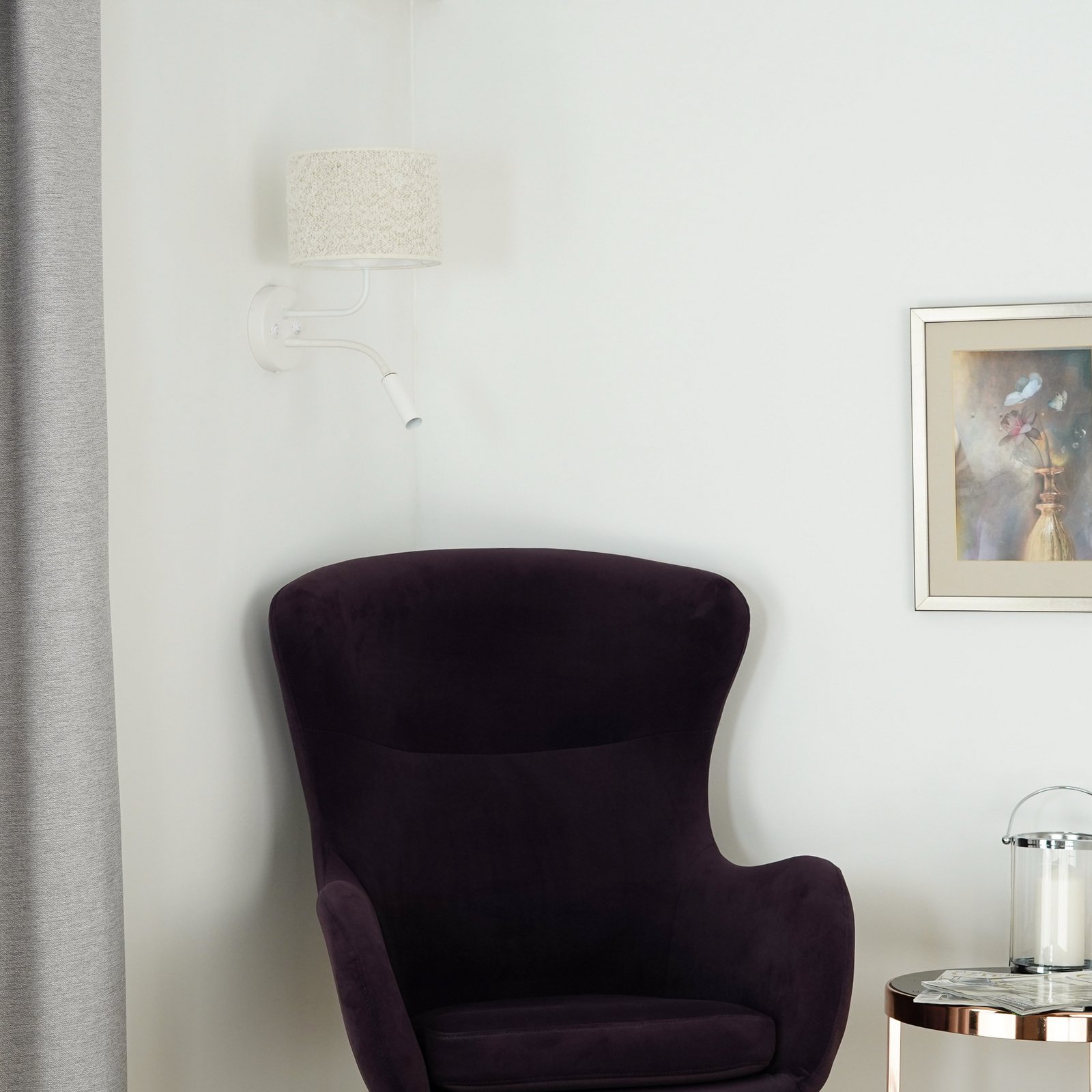 Roller wall light, bouclé, white/cream, reading light