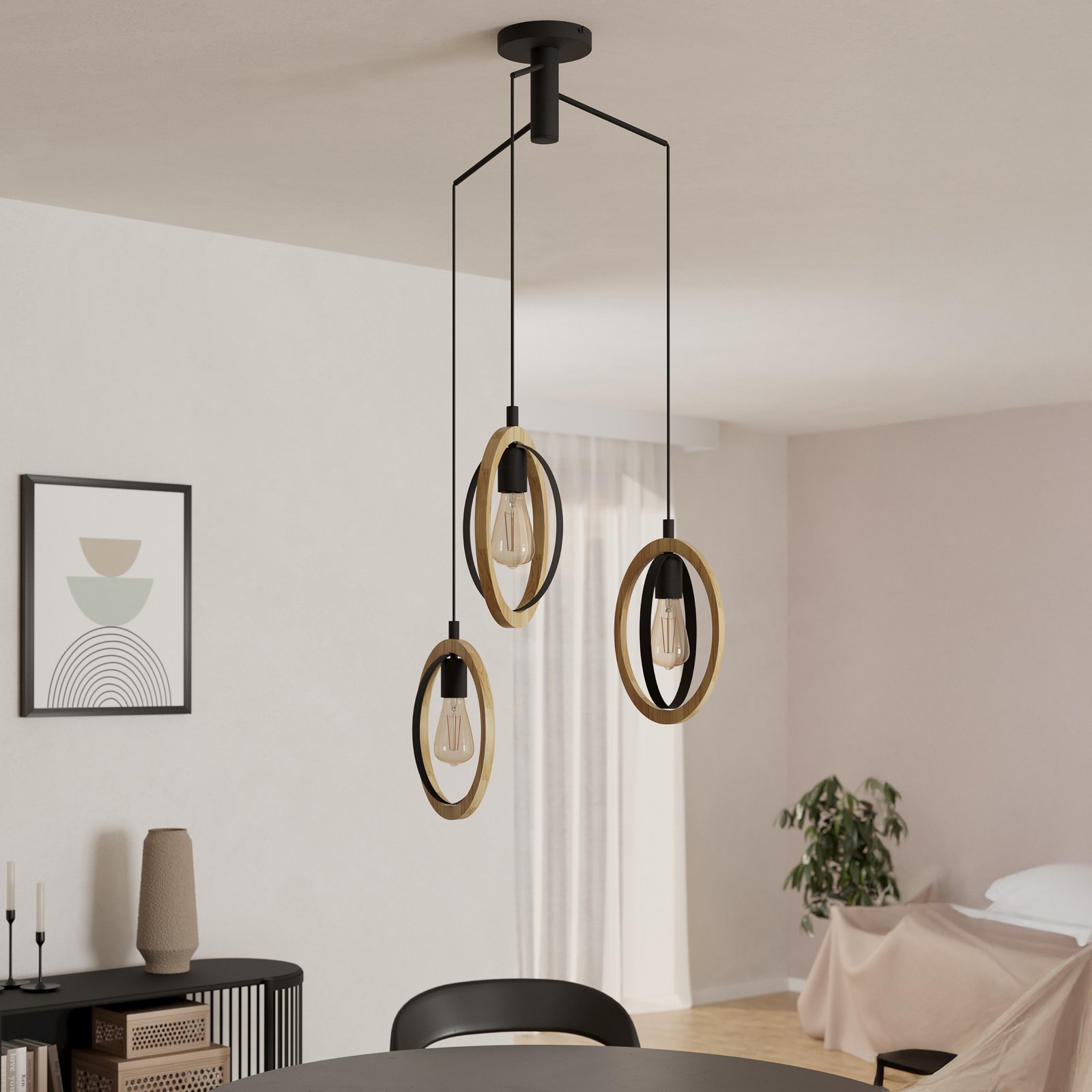 Lampă susp Basildon, detalii lemn 3 bec. rondelă