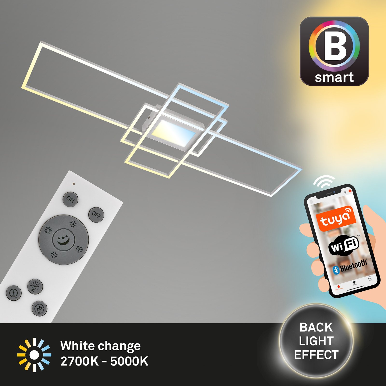 Smart LED ceiling light Ram, aluminium-coloured, CCT, remote control