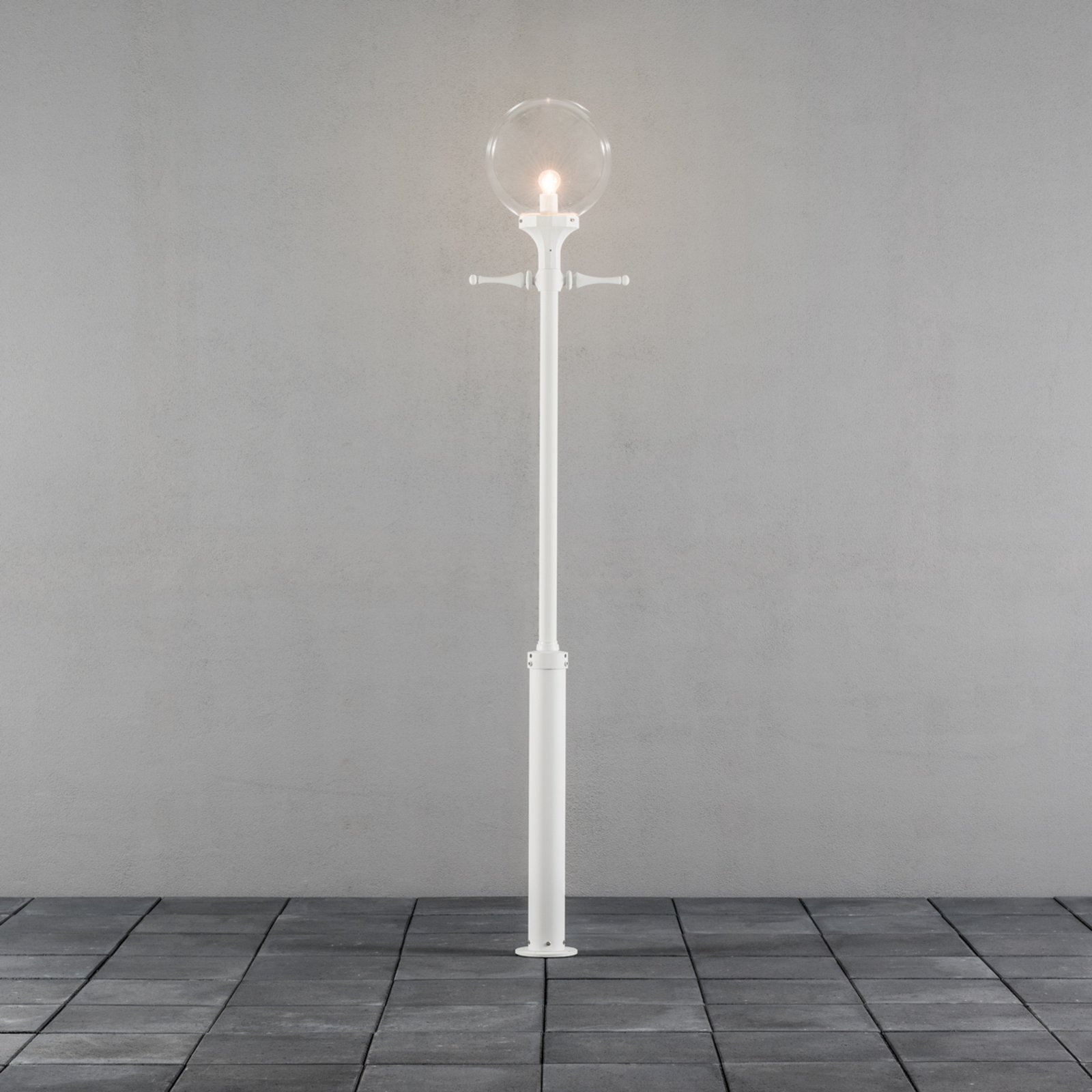 Orion lamp post, white, clear spherical lampshade