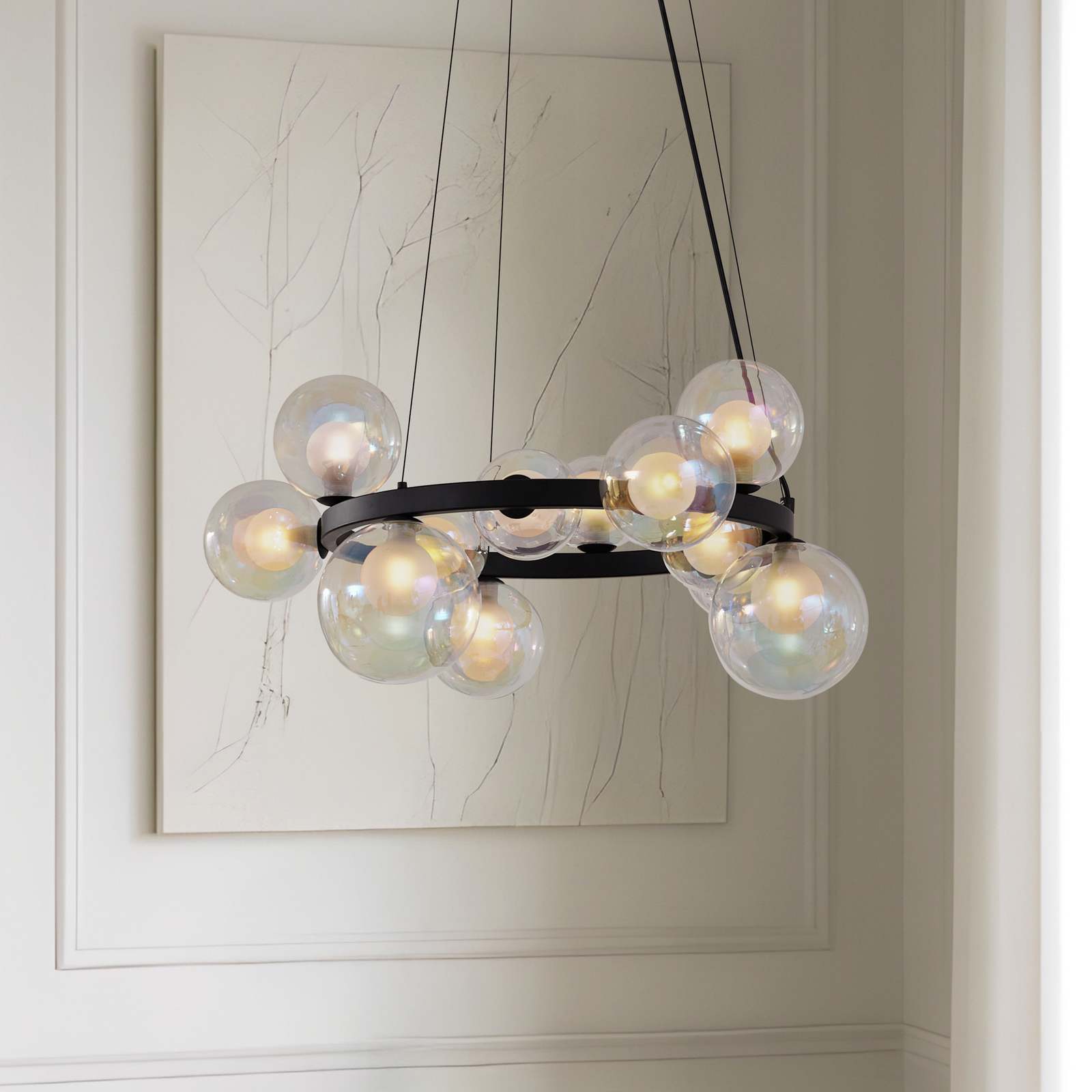 Lucande hengelampe Marvi, Ø 68 cm, svart, glass, metall