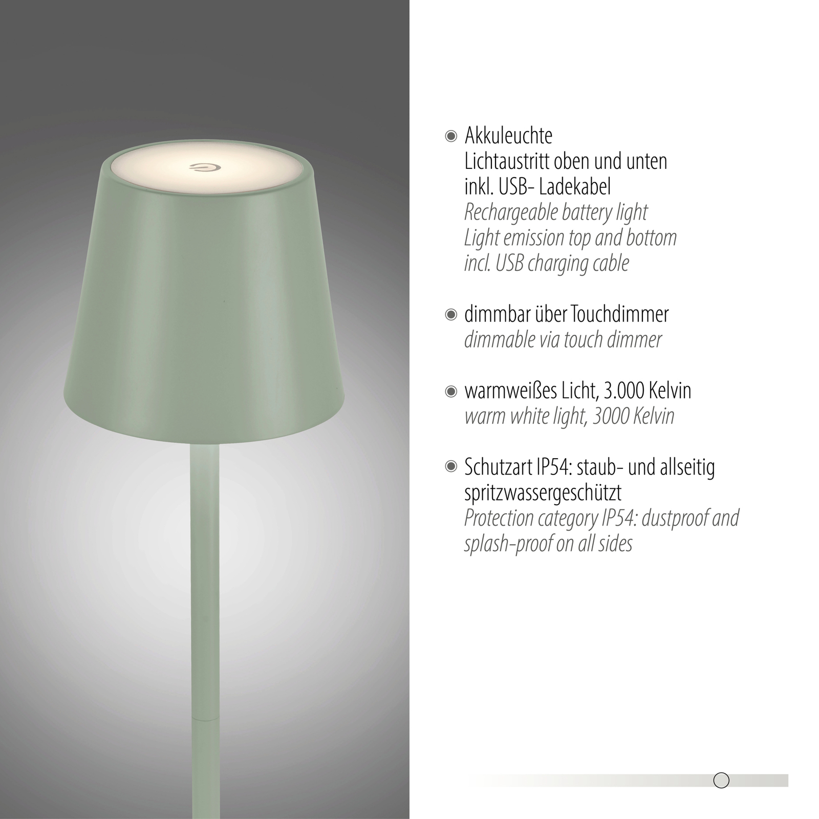 JUST LIGHT. Euria LED uzlādējama stāvlampa, zaļa, dzelzs, IP54