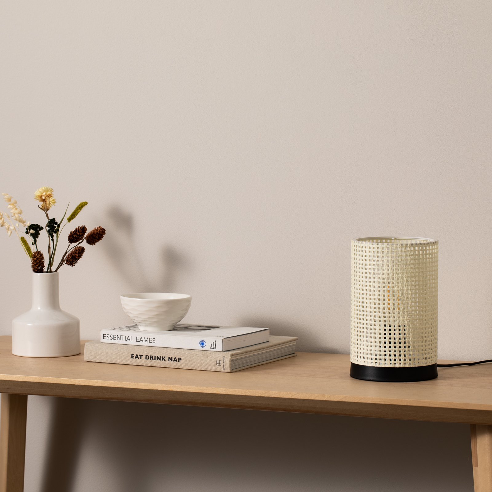 Tischleuchte Tina, weiß gemustert, zylindrisch, Ø 14 cm Tischleuchte Tina, weiß gemustert, zylindrisch, Ø 14 cm