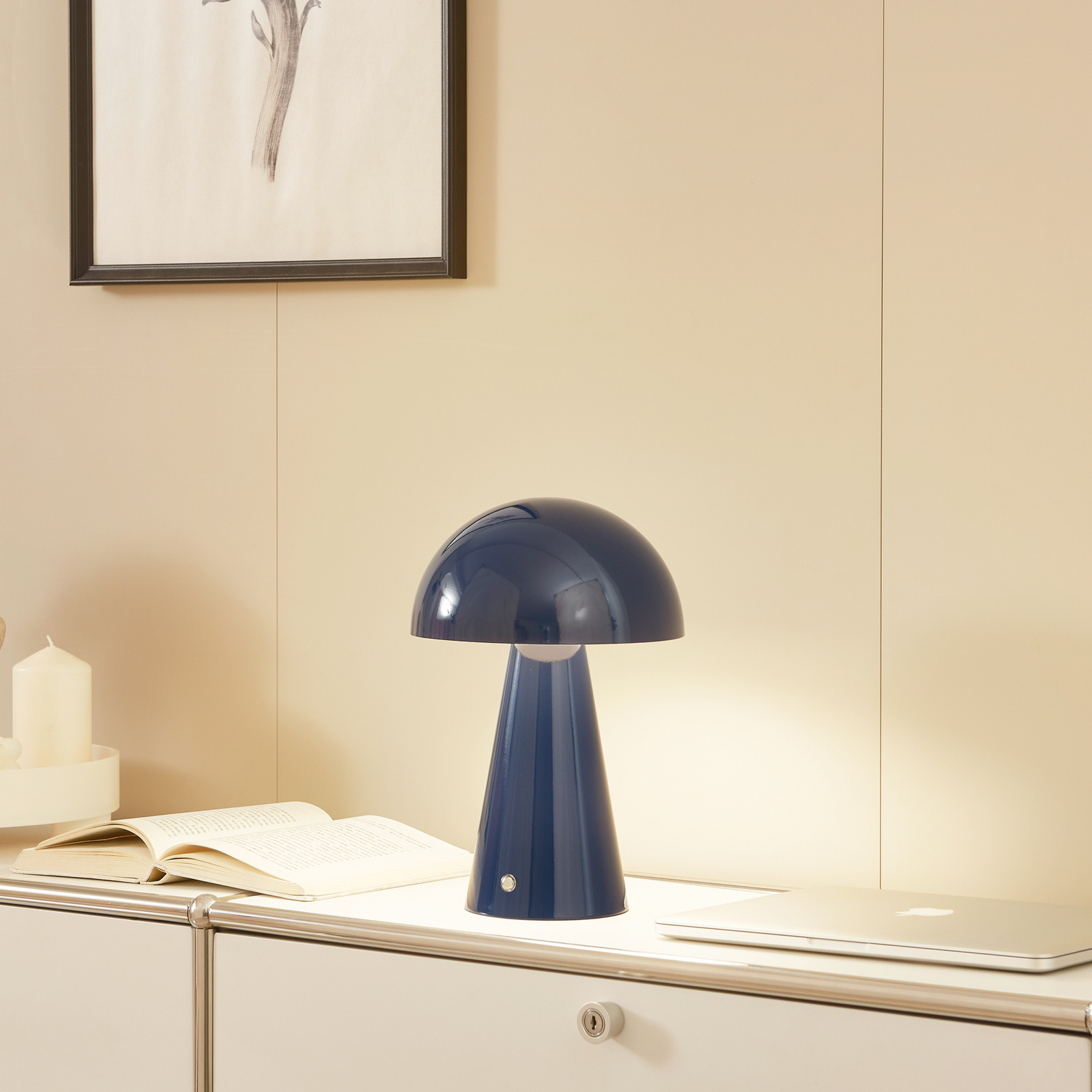 Lindby Lampada da tavolo ricaricabile a LED Nevijo, blu, Ø20cm, USB, dimmer