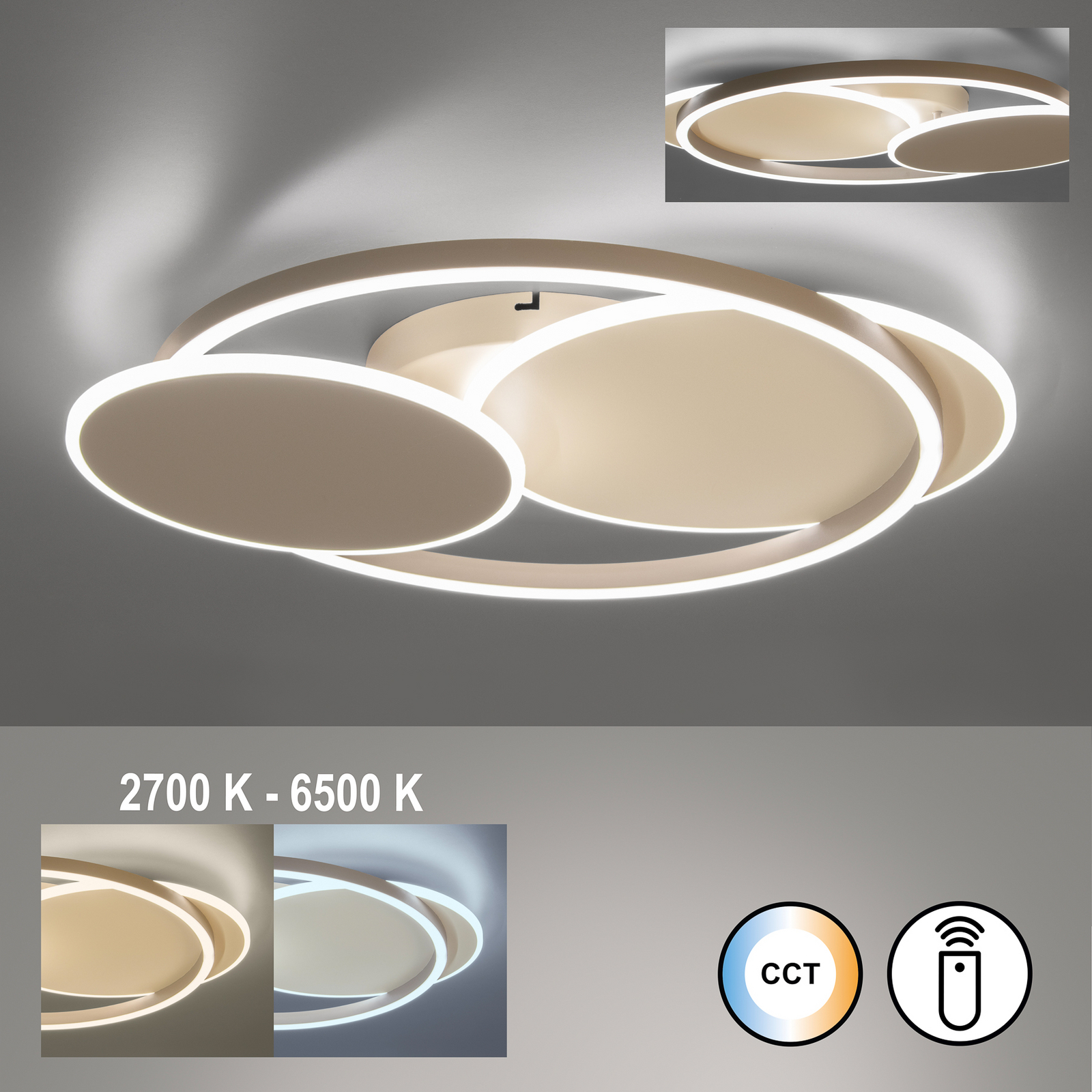 LED-Deckenlampe Lunea, Länge 66 cm, sandfarben/greige, CCT LED-Deckenlampe Lunea, Länge 66 cm, sandfarben/greige, CCT