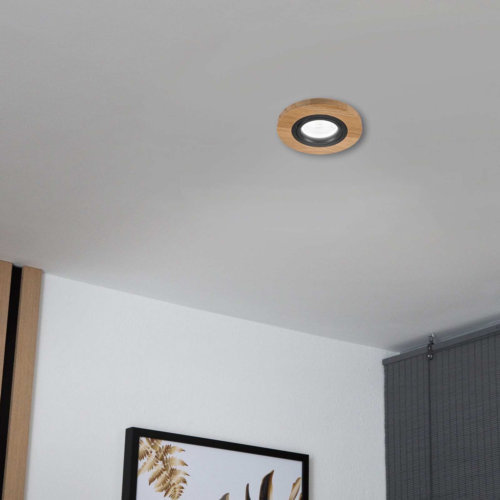 Forsænket loftlampe Tobby, Ø 10 cm, egetræ, GU10