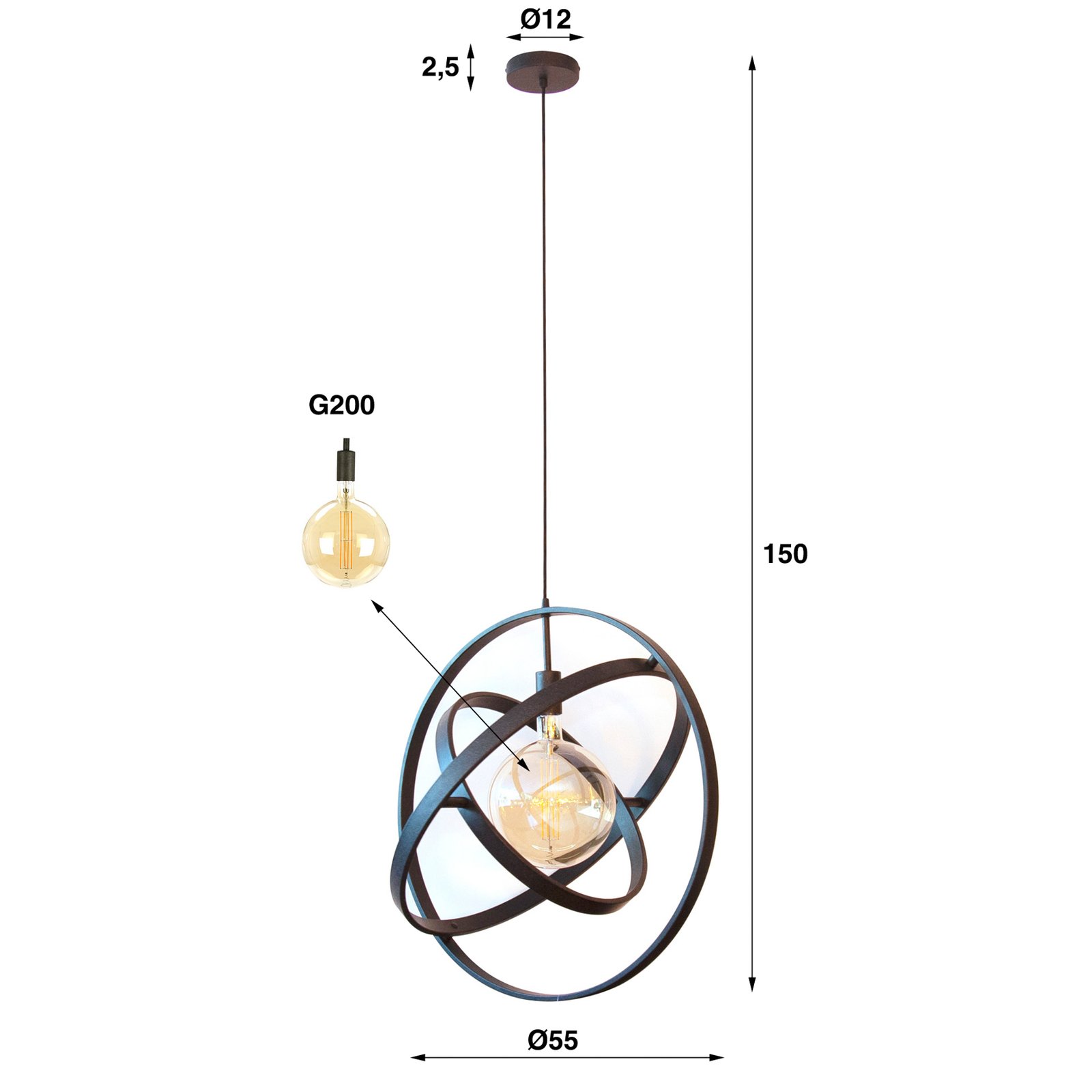 Κρεμαστό φωτιστικό Orbit με τρεις δακτυλίους, 1-φωτιστικό, μαύρο