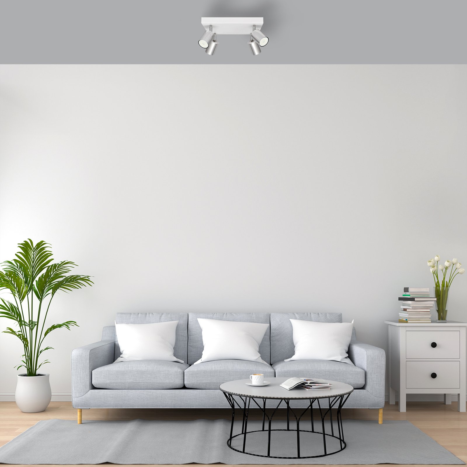 Tune II ceiling lamp, white/chrome, metal, 4-bulb, square